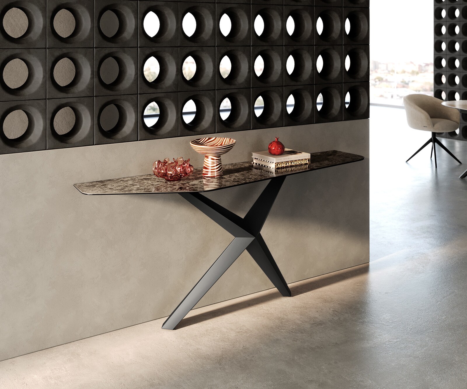 Console Edge Polygonal 180x50 cm Céramique Emperador Extra Lucidato Dunkelbraun Zentharo Métal Noir 3