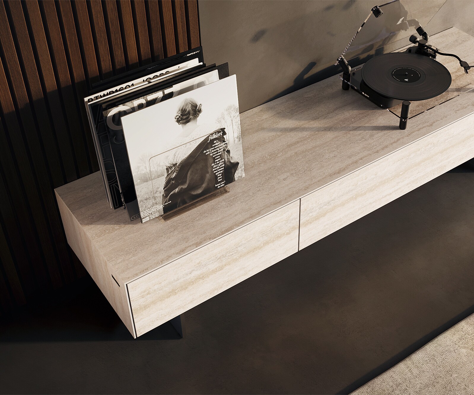 Lowboard Cuor 150 cm Keramik Laminam® Travertino Bianco Creme-Weiß 1 Klappe 1 Schubfach Fuß Schwebeoptik Edelstahl 3