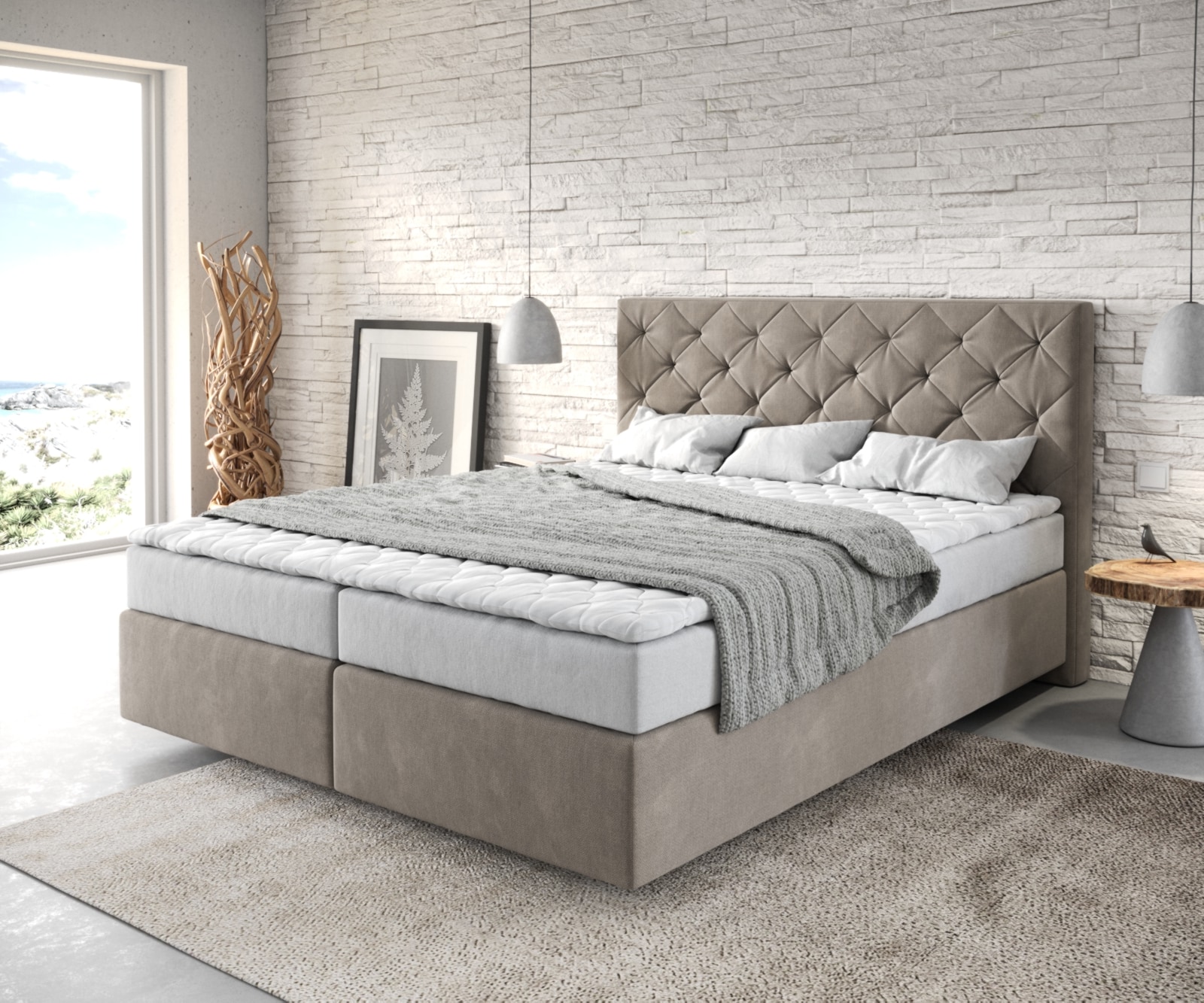 Boxspringbett Dream-Great 160x200 cm Mikrofaser Beige mit Matratze und Topper Boxspringbett Dream-Great 160x200 cm Mikrofaser Beige mit Matratze und Topper