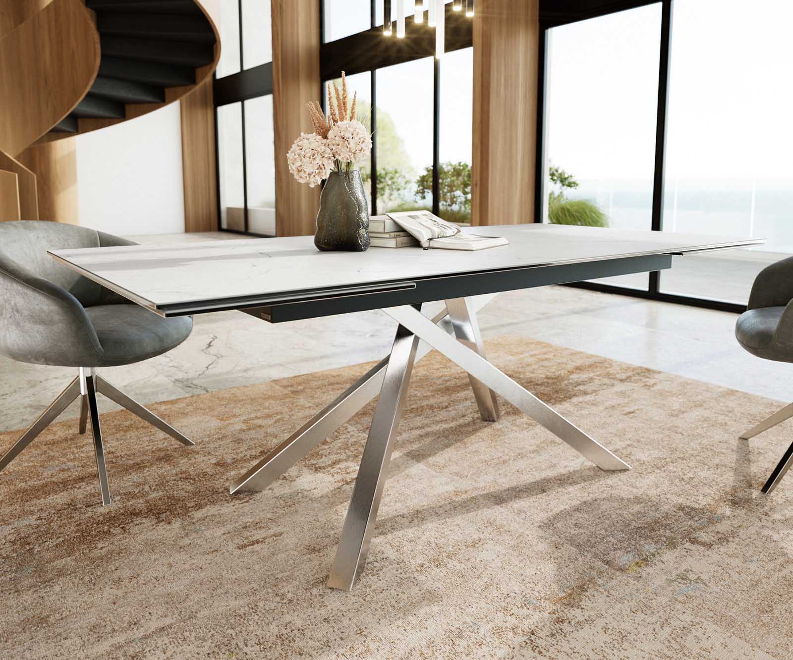Table à manger Edge 200-300x100 céramique Laminam®Statuarietto blanc cadre croisé rectangulaire acier inoxydable extensible 5