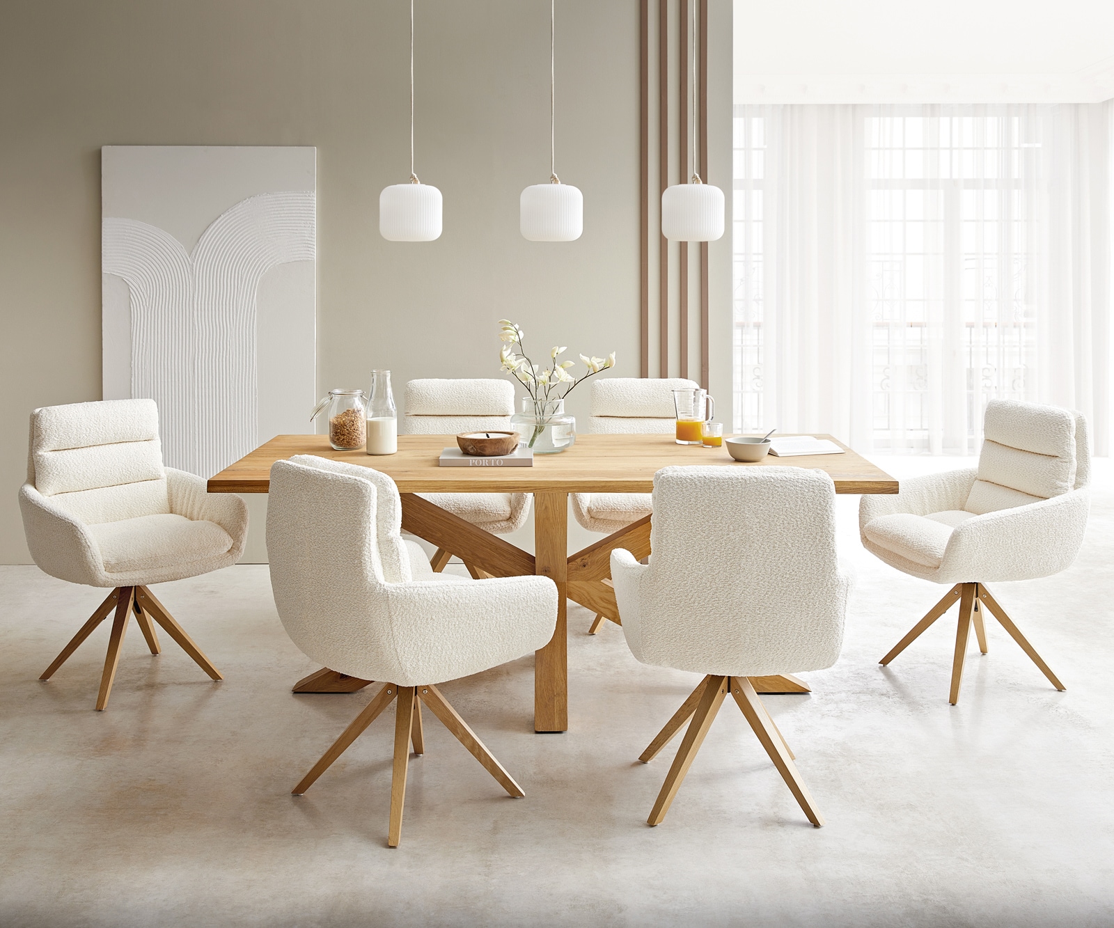 Esszimmerstuhl Abelia-Flex mit Armlehnen Bouclé Weiß Holzgestell kantig Natur 3 Esszimmerstuhl Abelia-Flex mit Armlehnen Bouclé Weiß Holzgestell kantig Natur 3