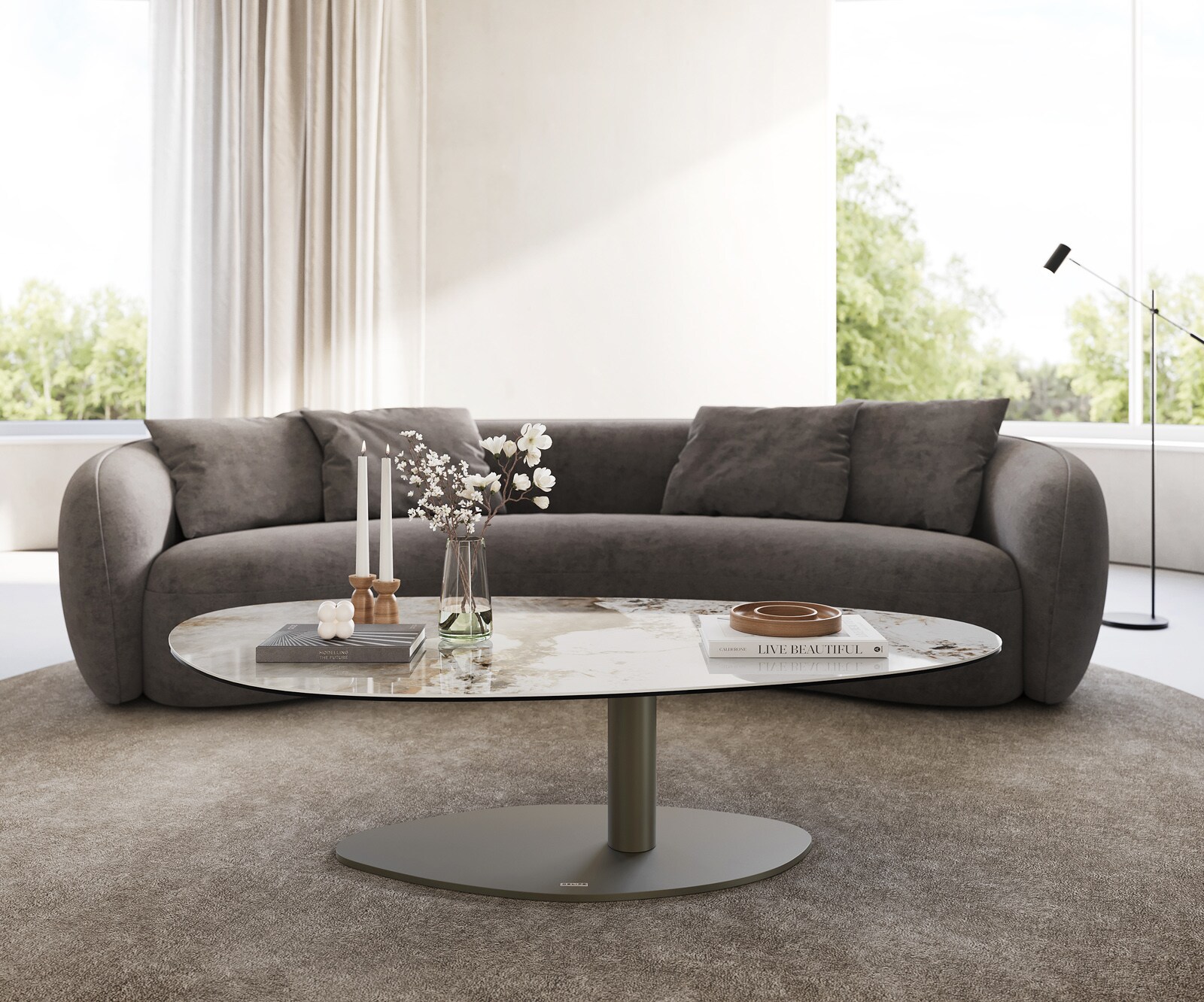 Table basse Edge Oval 140x75 cm céramique Minas Melange Vibany Metall finition effet titane 1