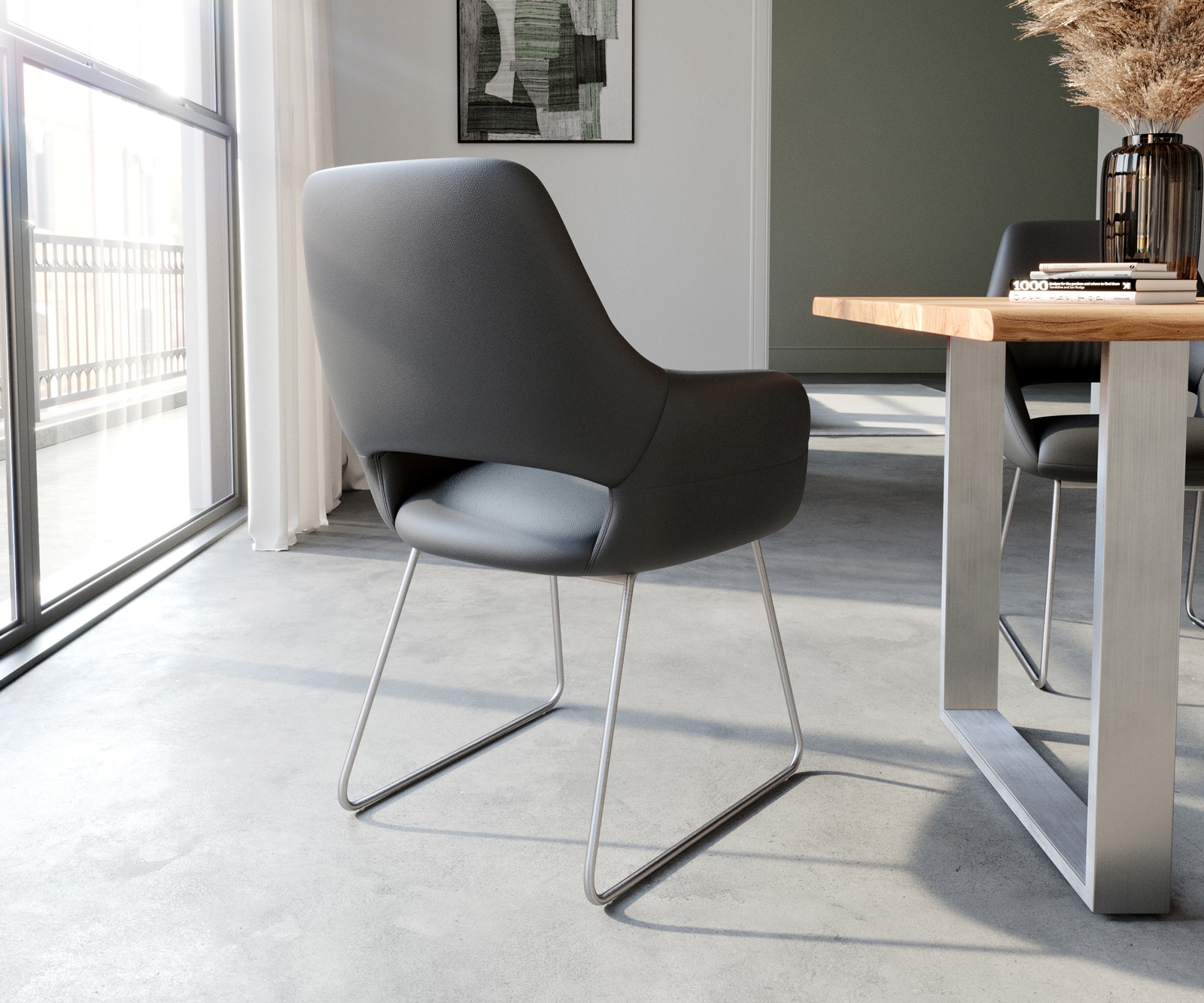 Esszimmerstuhl Yago-Flex mit Armlehnen Echt-Leder Schwarz Kufengestell Edelstahl Taschenfederkern 4 Esszimmerstuhl Yago-Flex mit Armlehnen Echt-Leder Schwarz Kufengestell Edelstahl Taschenfederkern 4