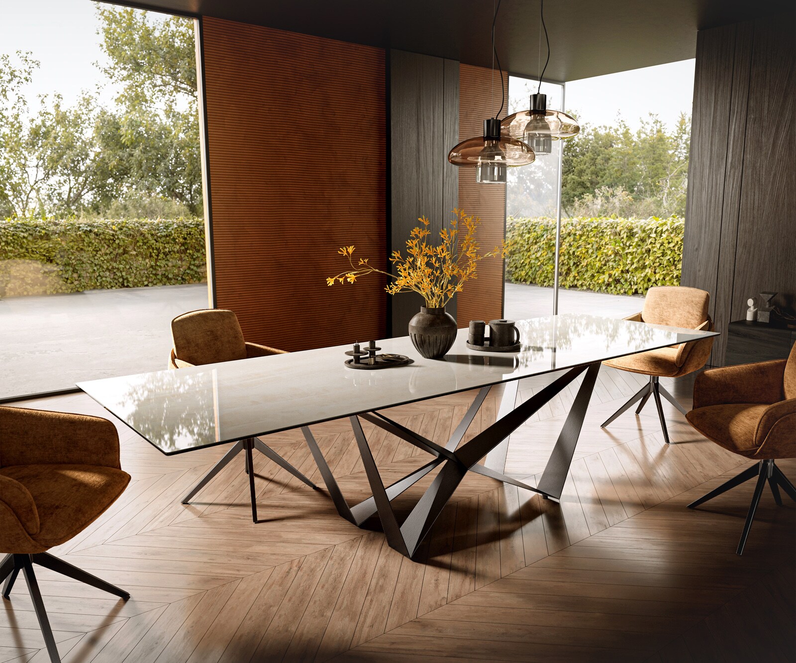 Esstisch Edge 300x100 cm Keramik Onyx Champagne Spider Flachstahl Edelstahl Graphit 1