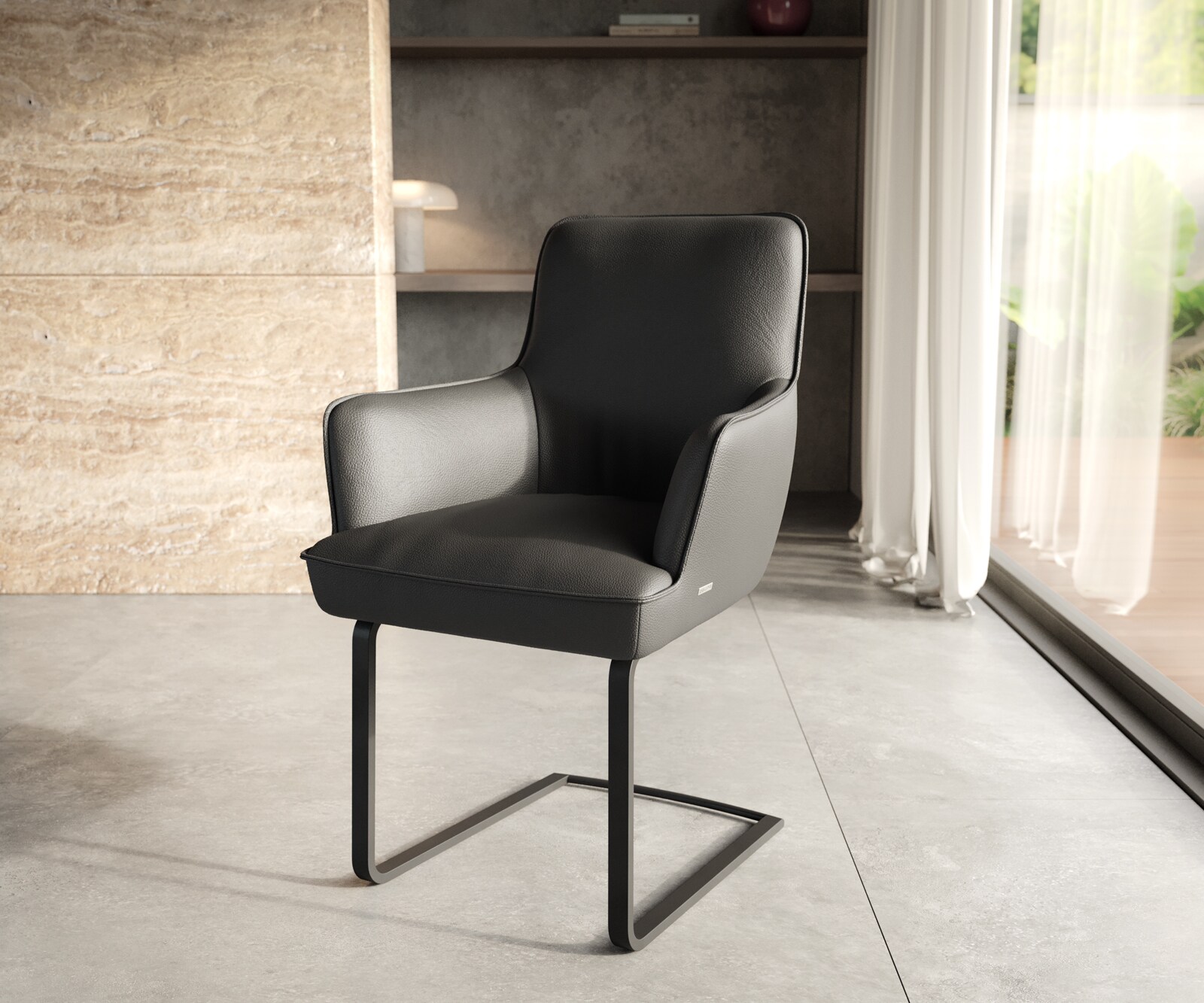 Freischwinger Heira-Flex mit Armlehnen Echt-Leder Schwarz Freischwinger flach Schwarz Taschenfederkern Freischwinger Heira-Flex mit Armlehnen Echt-Leder Schwarz Freischwinger flach Schwarz Taschenfederkern