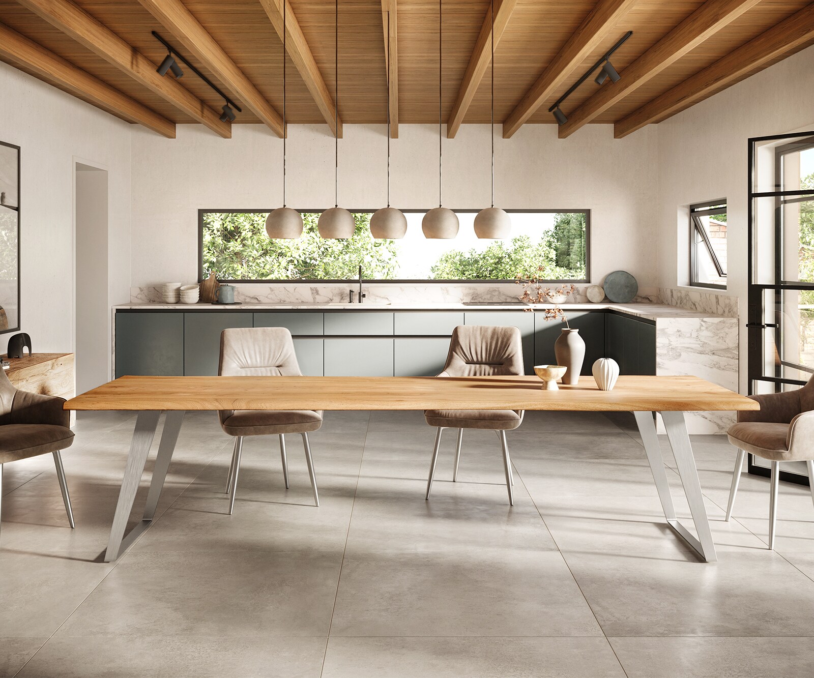Table-à-manger Edge 300x100cm acacia nature acier inoxydable argent incliné Live-Edge 2