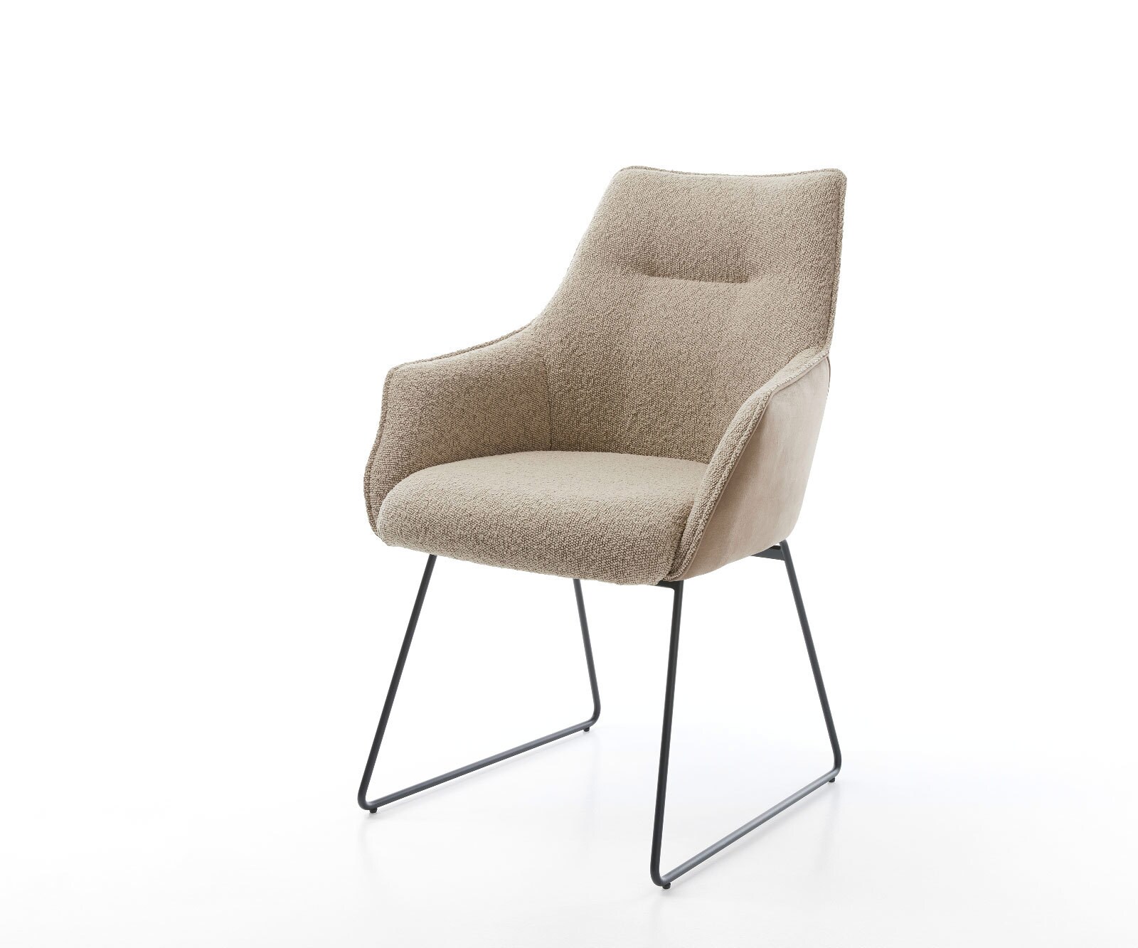 Chaise-de-salle-à-manger Alja-Flex avec accoudoirs tissu mixte couleur boue pied trapèze noir ressorts ensachés 1