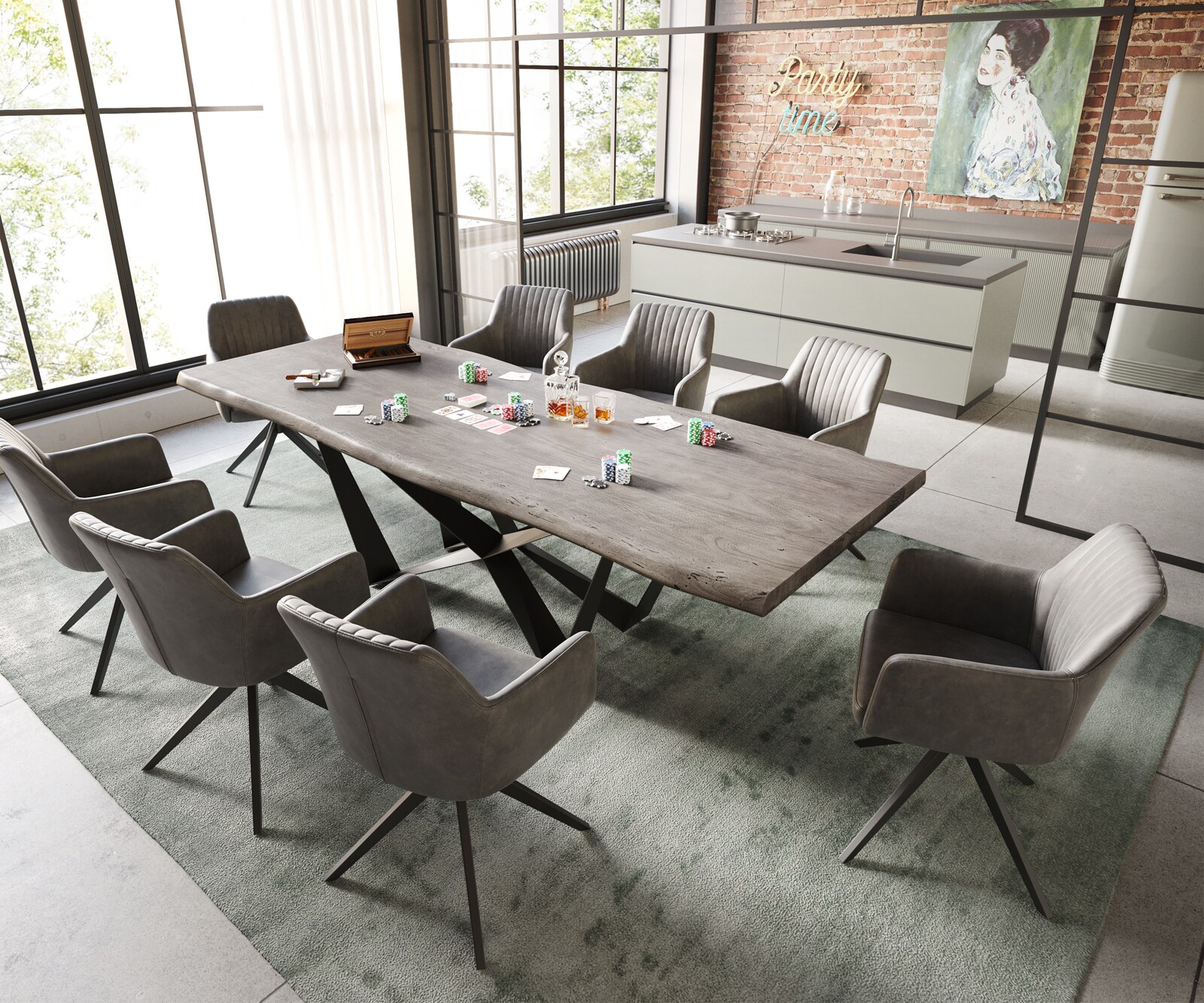 Esstisch Edge 260x100 XL Akazie Platin Spider Flachstahl Schwarz Live-Edge 4