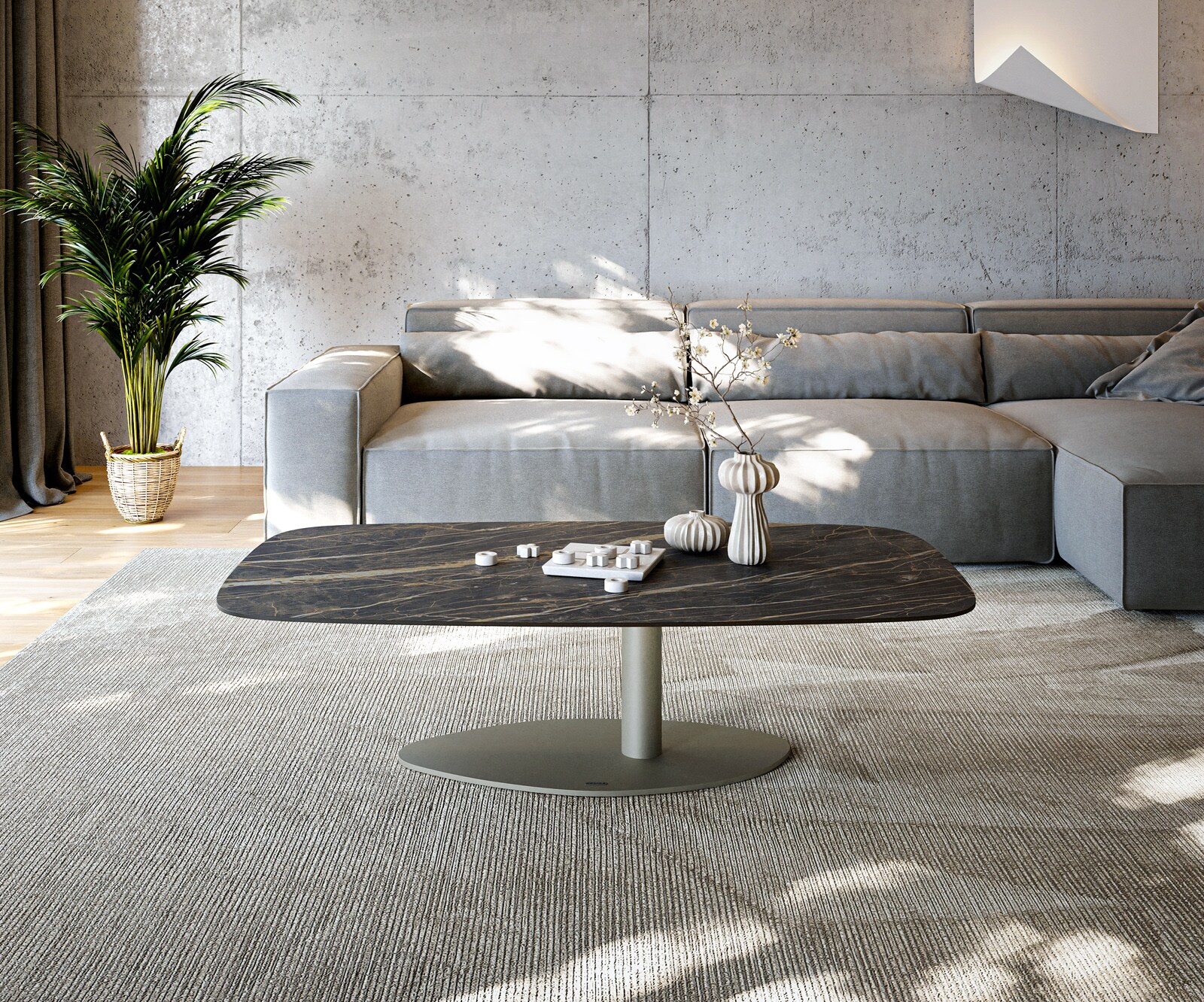 Couchtisch Edge Boot 140x80 cm Keramik Laminam® Noir Desir Braun Vibany Metall Effektfinish Titan