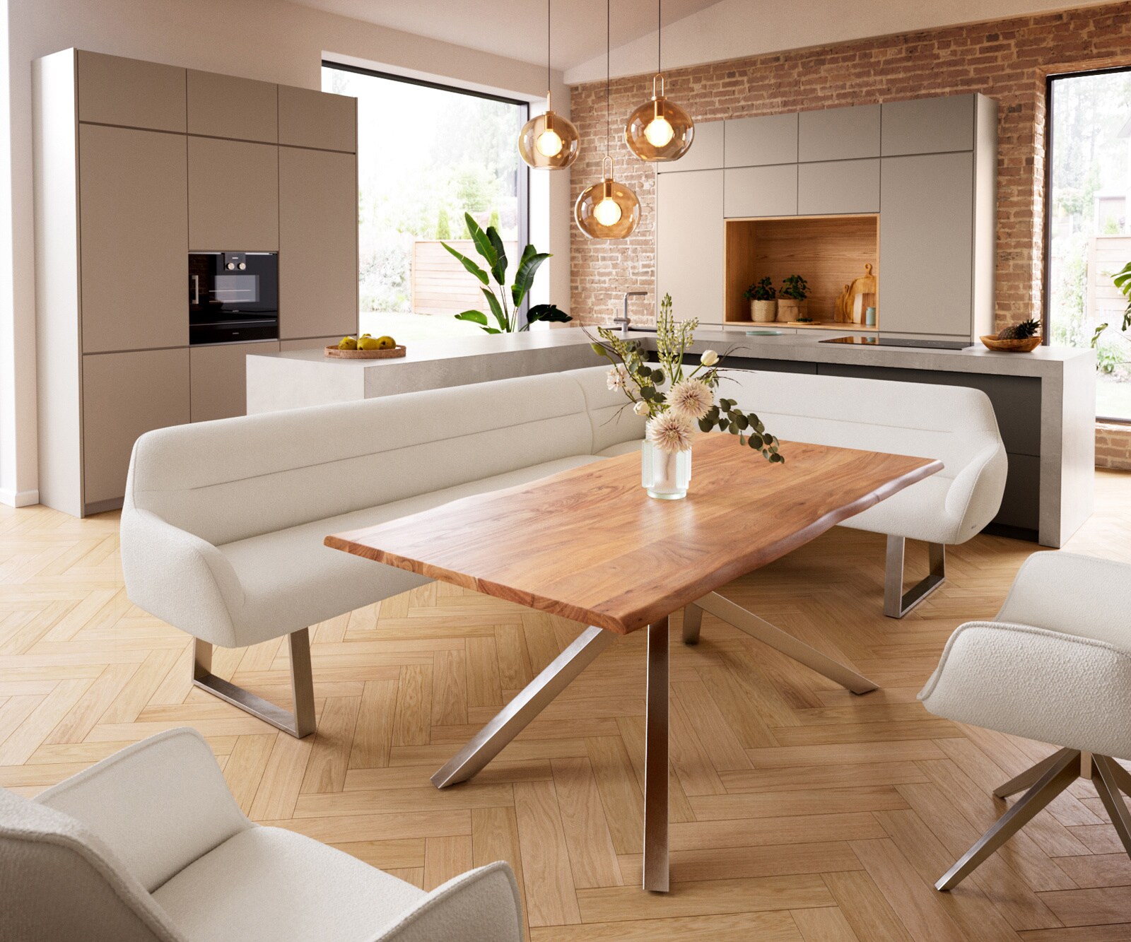 Banc-de-salle-à-manger Taya-Flex 285x190 cm bouclé crème-blanc piètement à patins angulaire acier inoxydable ressort ensaché liens 1