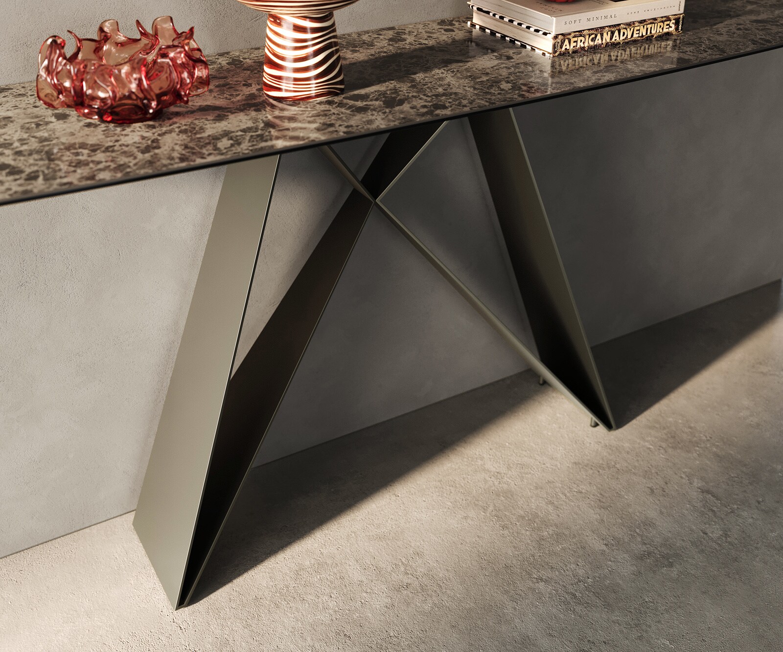 Console Edge forme bateau 180x40 cm Céramique Emperador Extra Lucidato Dunkelbraun Velio Métal Effektfinish Titan 5
