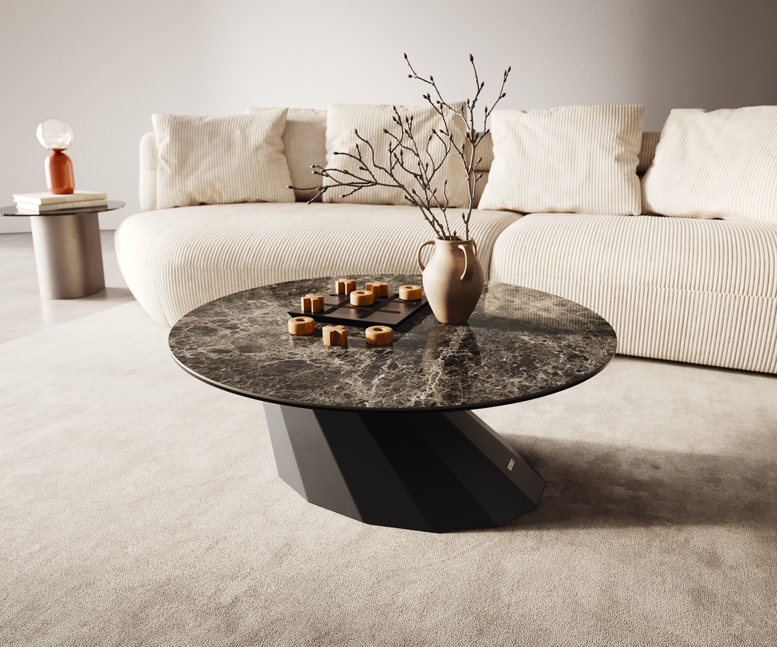 Wohnzimmertisch Edge Rund 90x90 cm Keramik Emperador Extra Lucidato Dunkelbraun Parabi Metall Schwarz