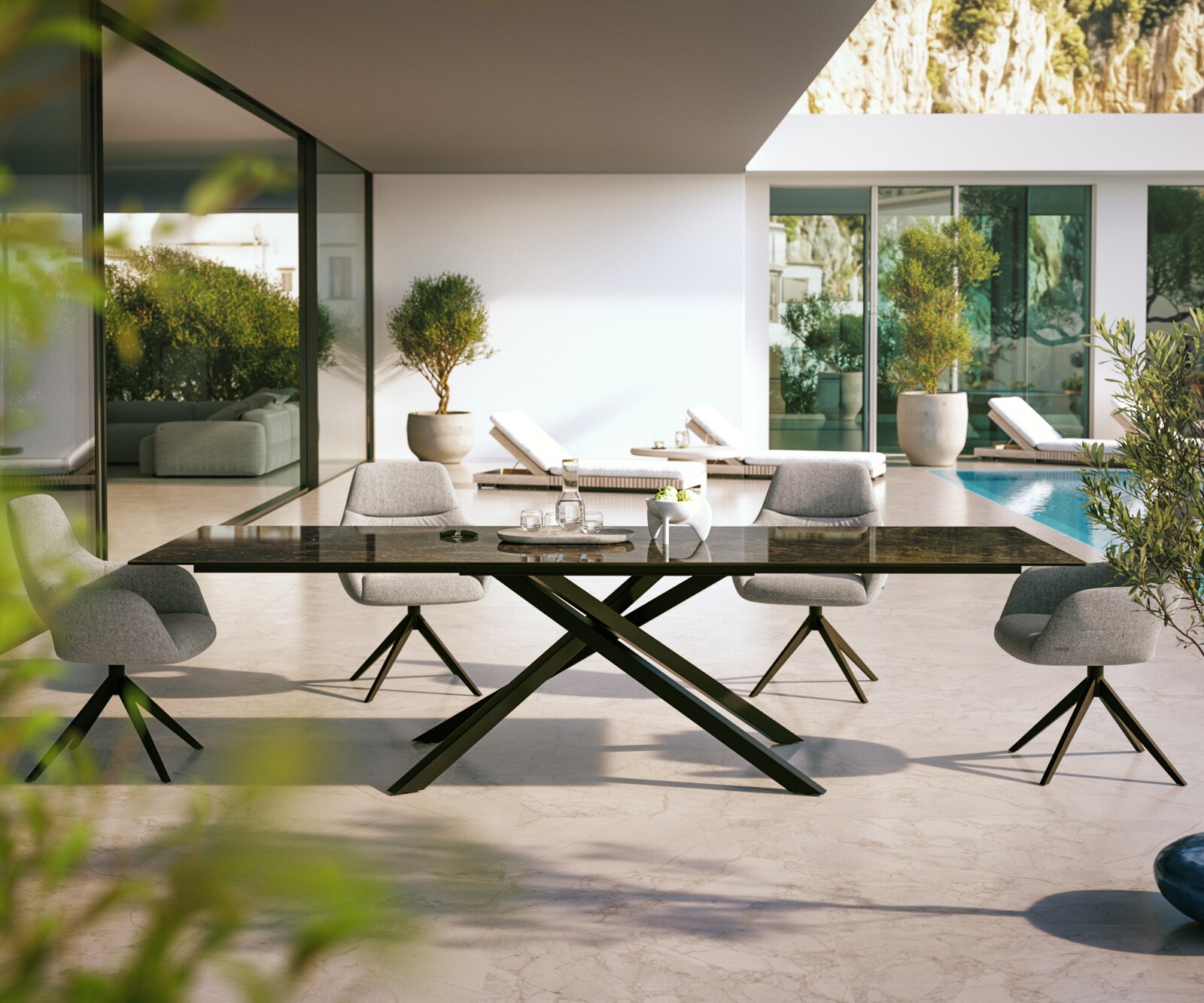 Outdoortisch Edge 300x100 cm Keramik Laminam® Emperador Extra Lucidato Dunkelbraun Kreuzgestell Rechteck Schwarz 2