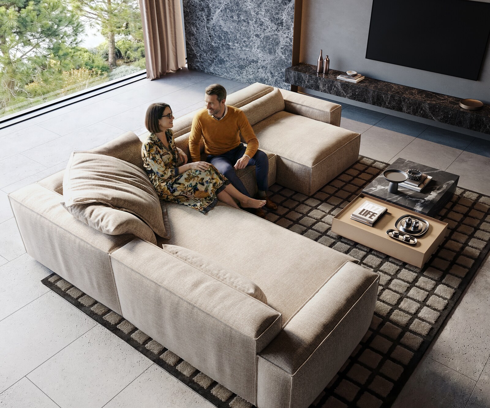 Canapé panoramique Freestyle 360x290 cm Tissu tissé doux Beige couture passepoilée 2