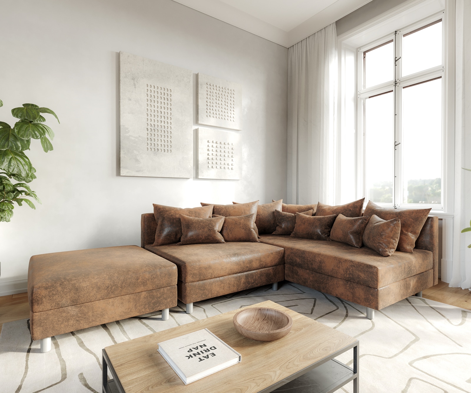 Eckcouch Clovis Braun Antik Optik mit Hocker Ottomane Rechts Ecksofa Modular