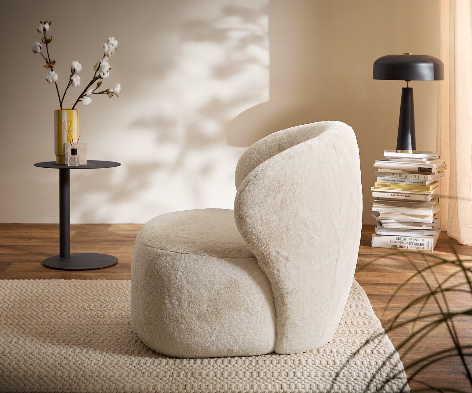 Fauteuil-lounge Pulo 80x80 cm peluche Crème-Blanc 4