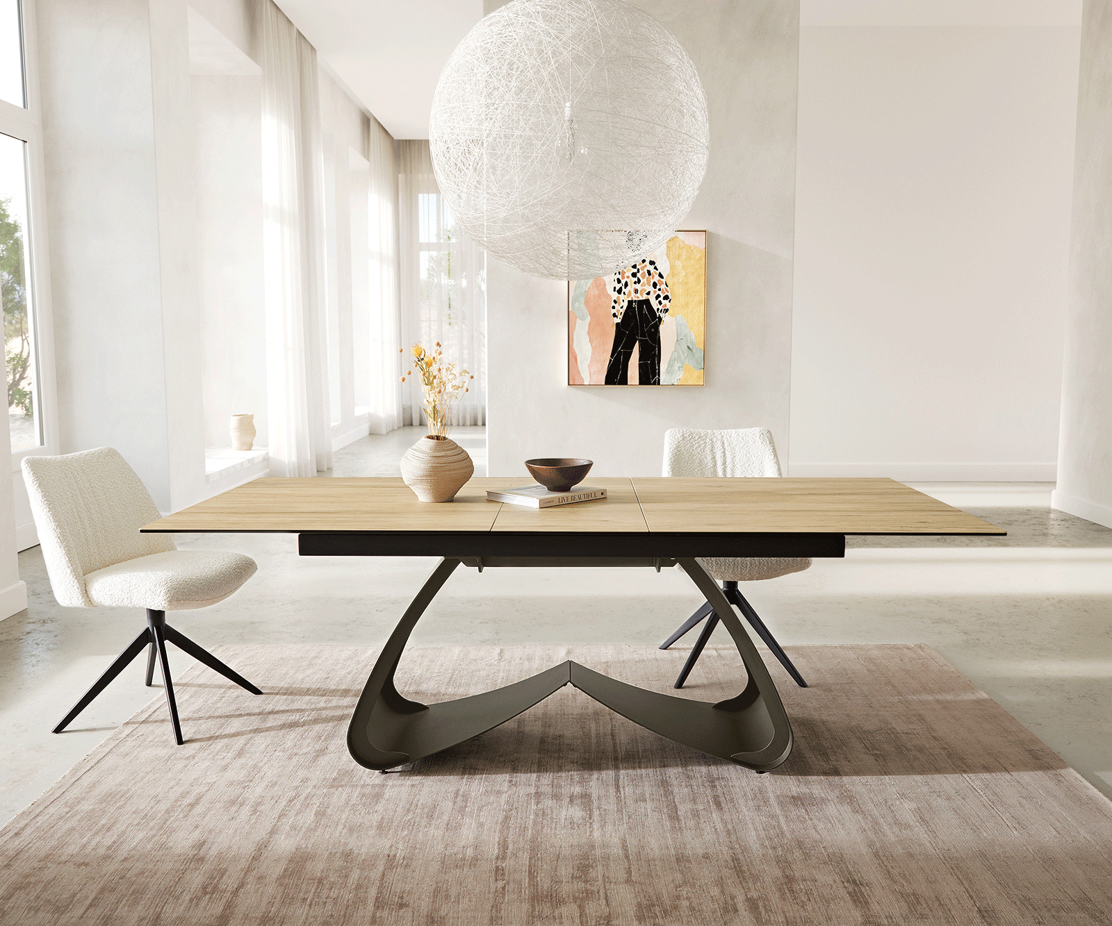 Table à manger Edge 180-220x100 Céramique Laminam® Sabbia Couleur chêne cadre en W Effet Titane Extensible 6