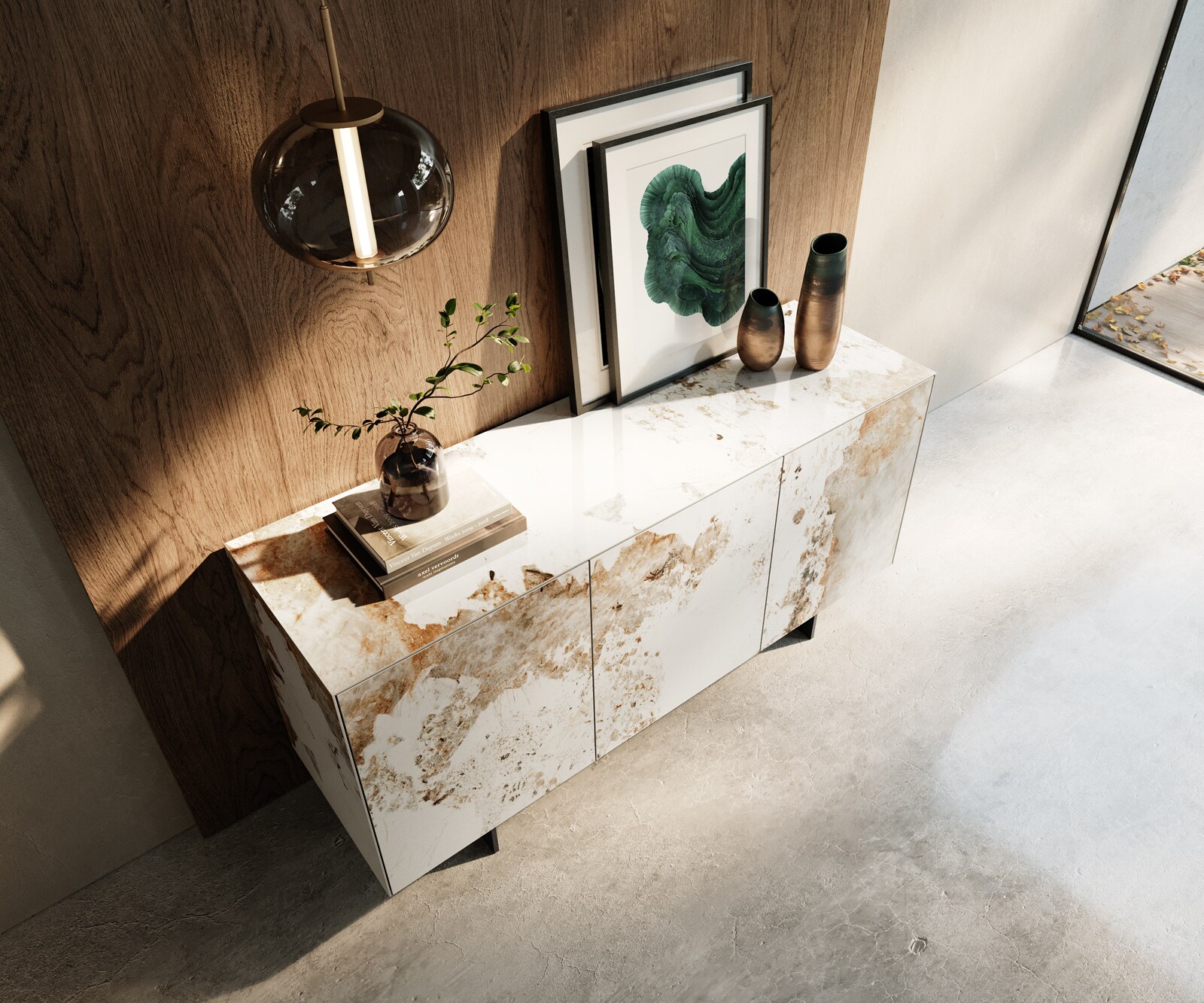 Sideboard Cuor 150 cm Keramik Minas Melange Weiß-Beige 3 Türen Fuß Schwebeoptik Metall Schwarz 3