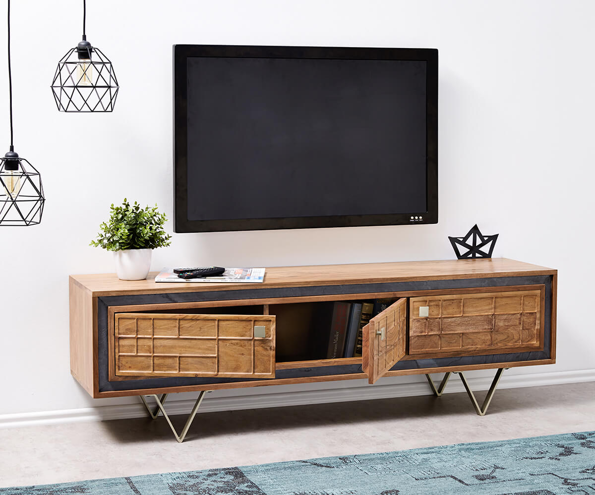Meuble-TV Stonegrace 147 cm acacia nature 3 portes design 3