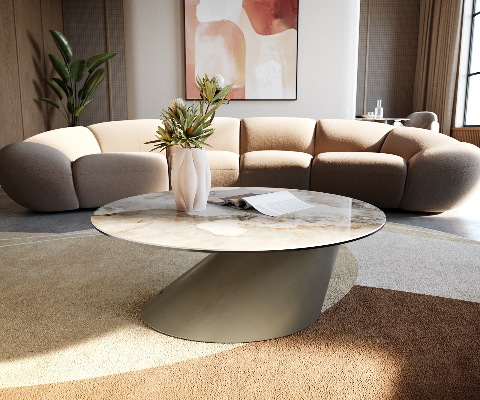 Table basse Edge rond 90x90 cm céramique Minas Melange Conis Metall finition effet titane 4