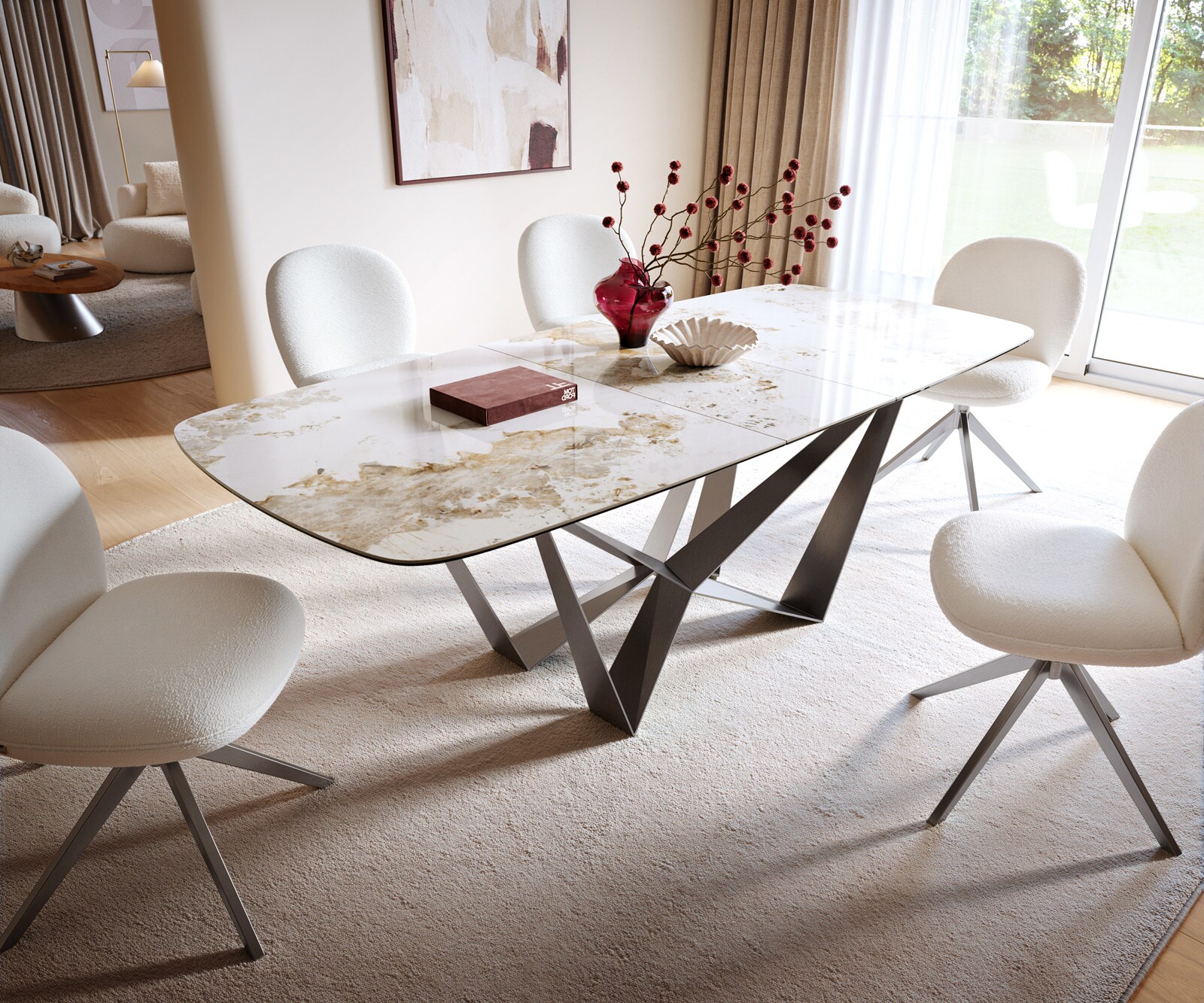 Esstisch Edge Boot 180-220x100 cm Keramik Minas Melange Weiß-Beige Spider Flachstahl Edelstahl Graphit ausziehbar 5
