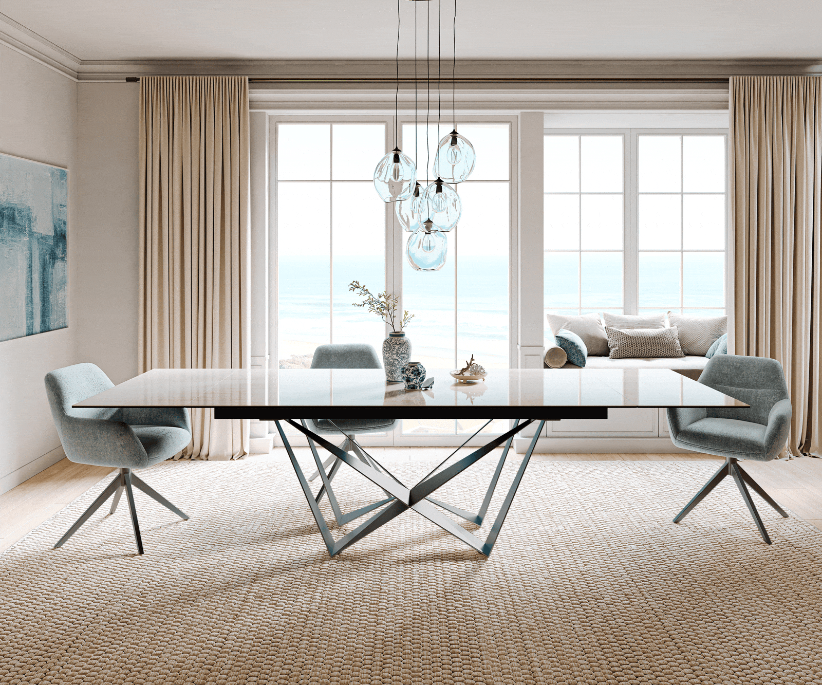 Esstisch Edge 200-300x100 cm Keramik Onyx Champagne Spider Flachstahl Edelstahl Graphit ausziehbar 1