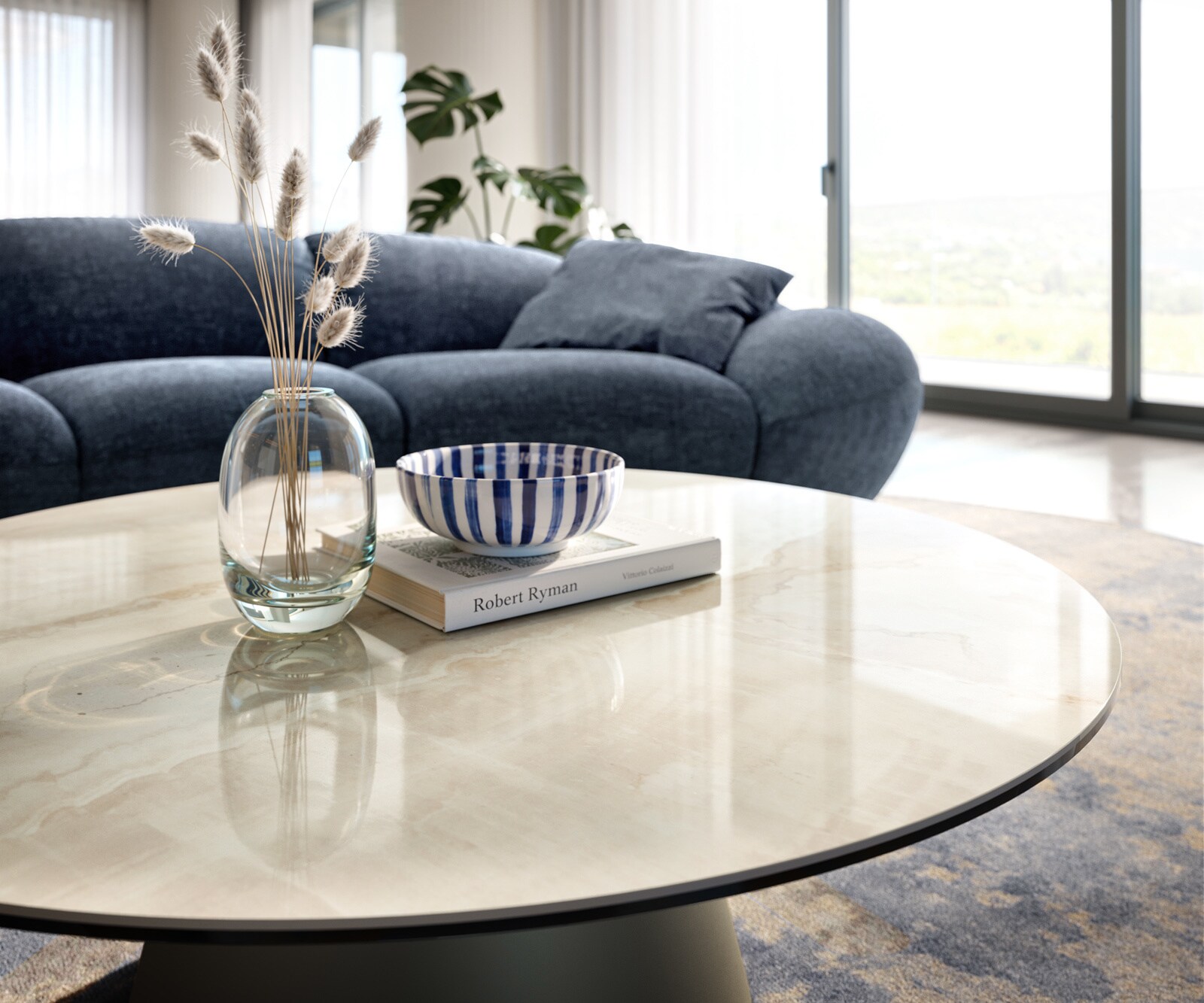 Table basse Edge ronde 100x100 cm céramique Onyx Champagne Borna finition effet titane 4