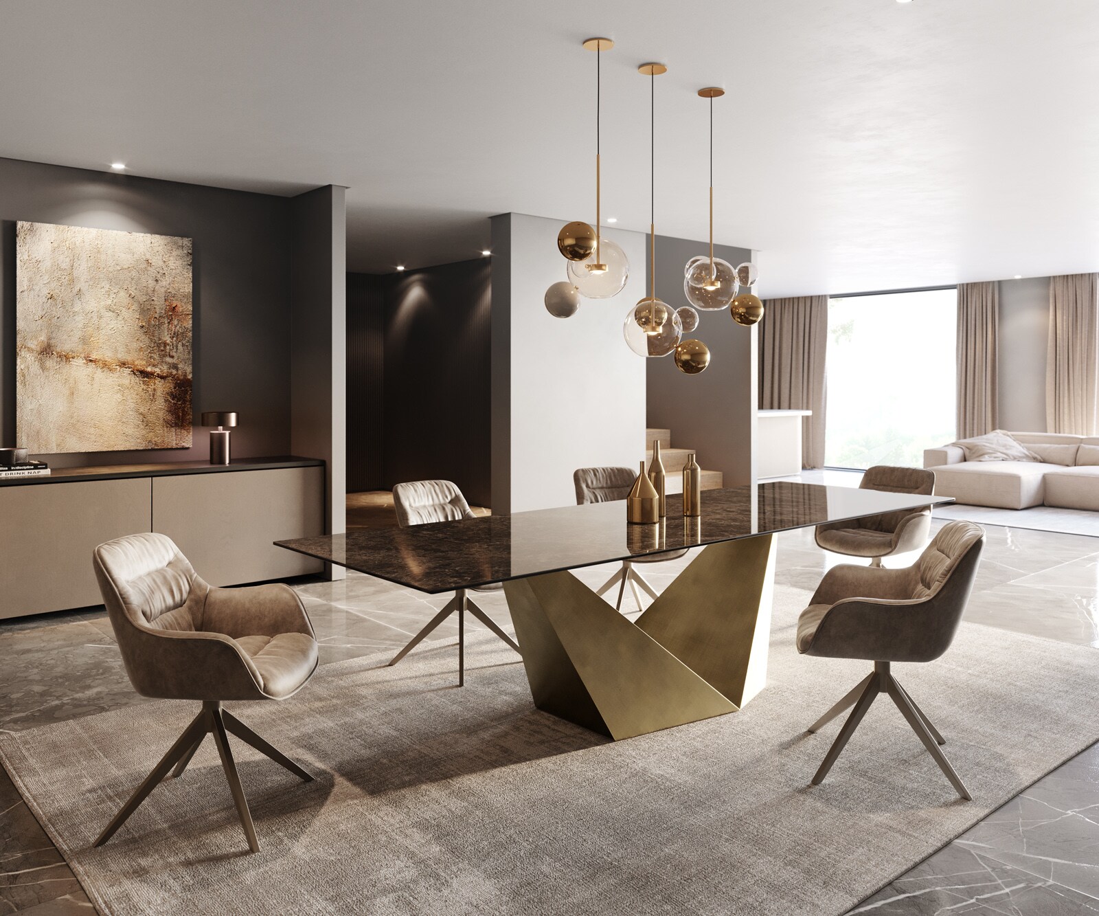 Table à manger Edge 300x100 céramique Laminam® Emperador Extra Lucidato marron foncé Prisma métallique doré 4