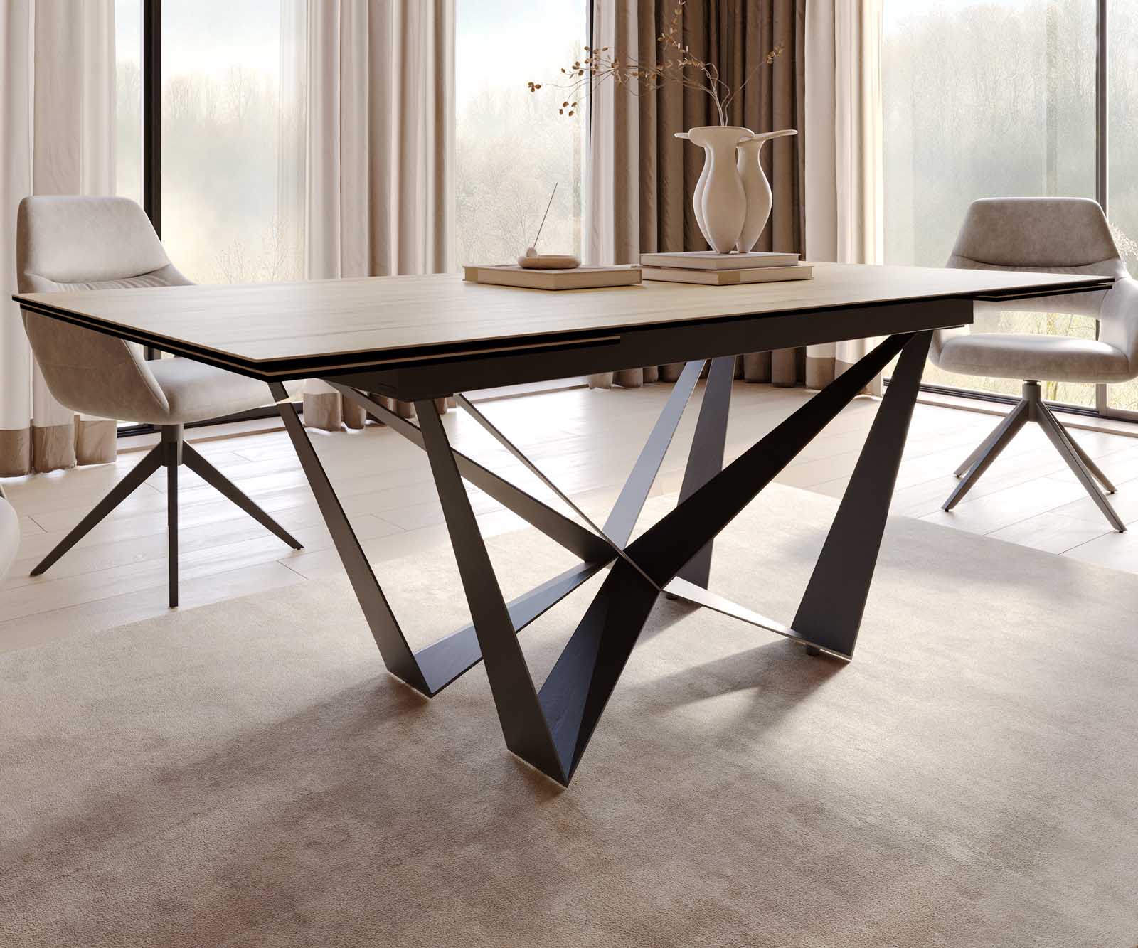 Table à manger Edge 200-300x100 céramique Laminam® Sabbia couleur chêne Spider acier plat noir extensible 6
