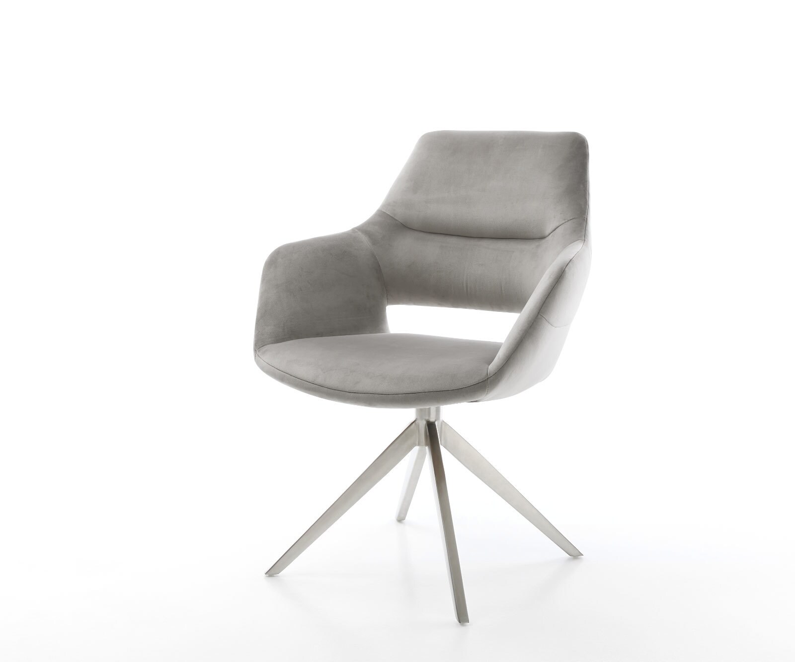 Chaise-pivotante Yago-Flex velours gris pied croisé large acier inoxydable brossé pivotement sur 360° fonction bascule ressorts ensachés