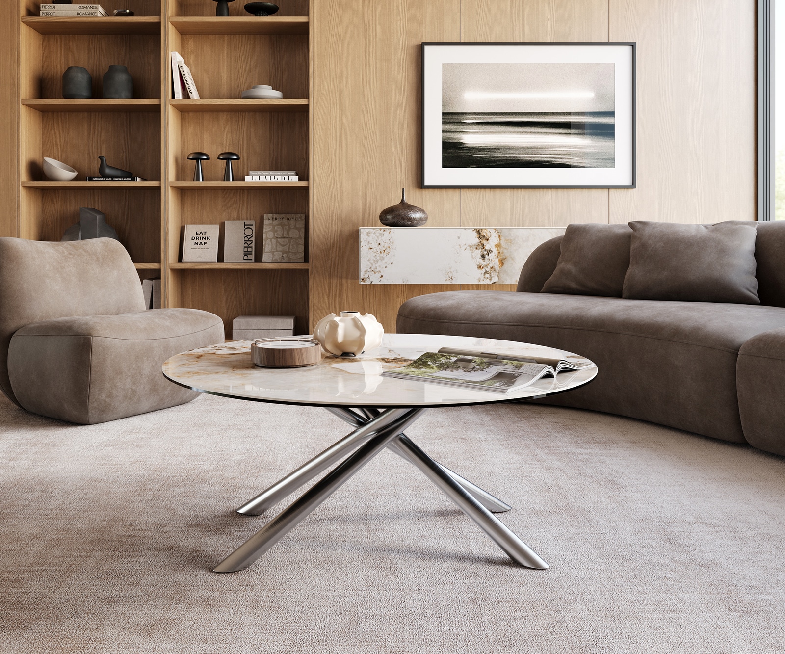 Table basse Edge rond 100x100 cm céramique Minas Melange Sarity acier inoxydable brossé 2