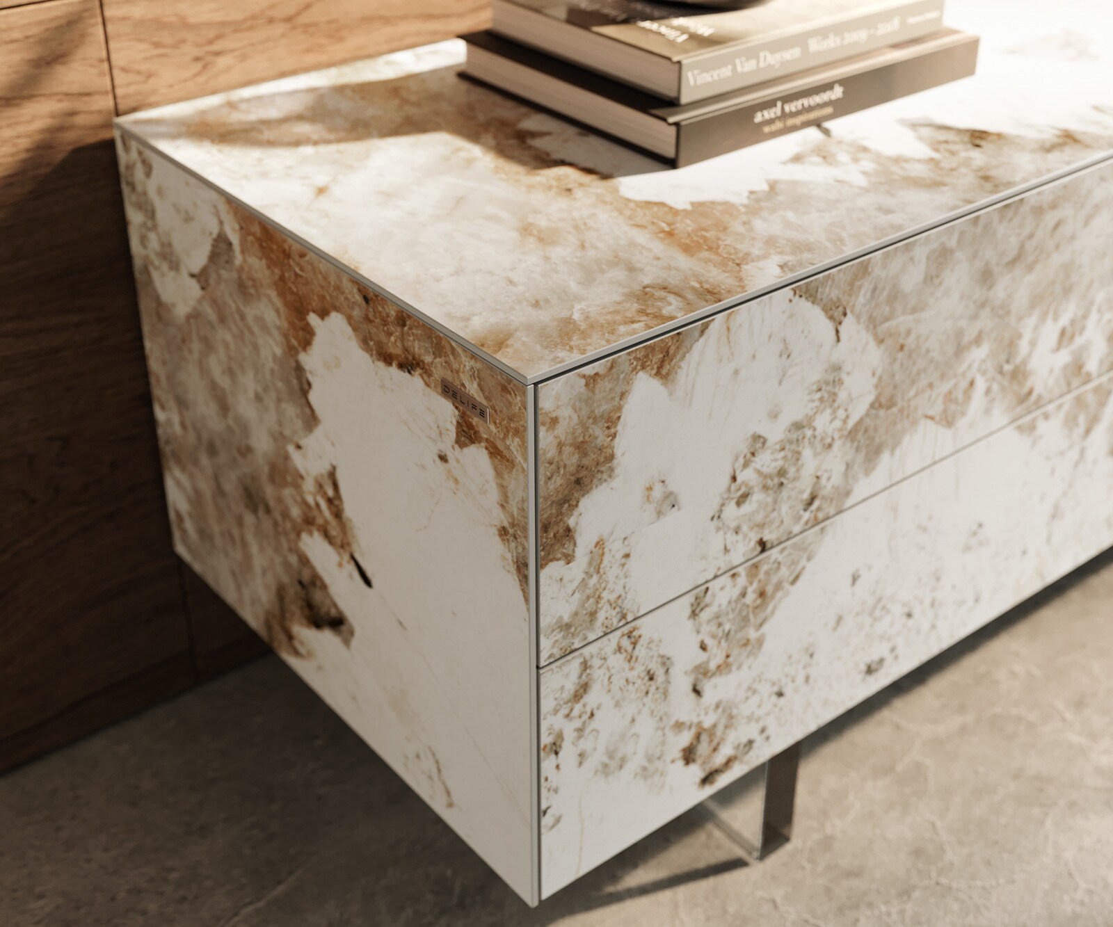 Meuble-TV Cuor 180 cm Céramique Minas Melange Blanc-beige 1 Clapet 2 Tiroirs Pied optique flottant Verre acrylique 6
