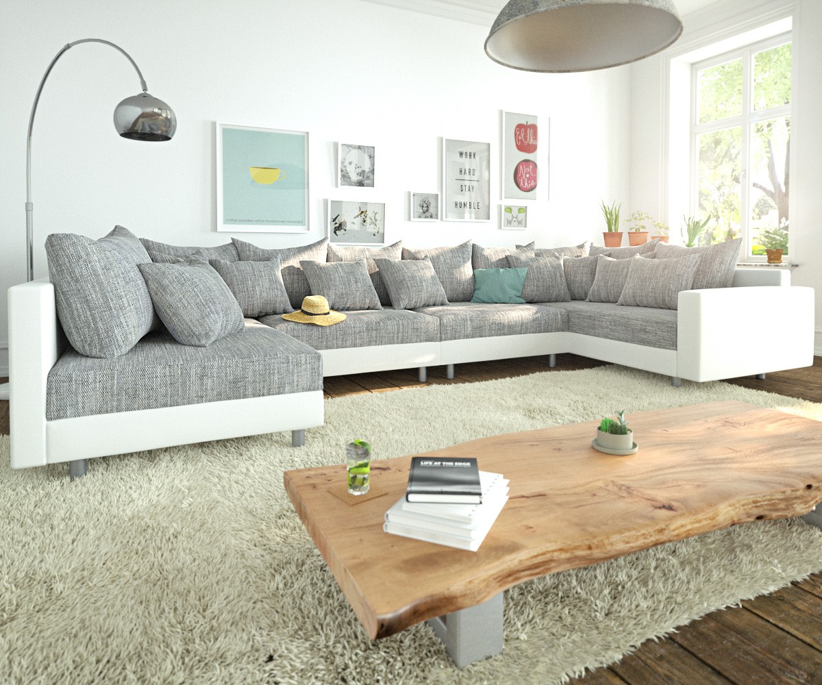 Wohnlandschaft Clovis XL Weiss Hellgrau Modulsofa Armlehne 