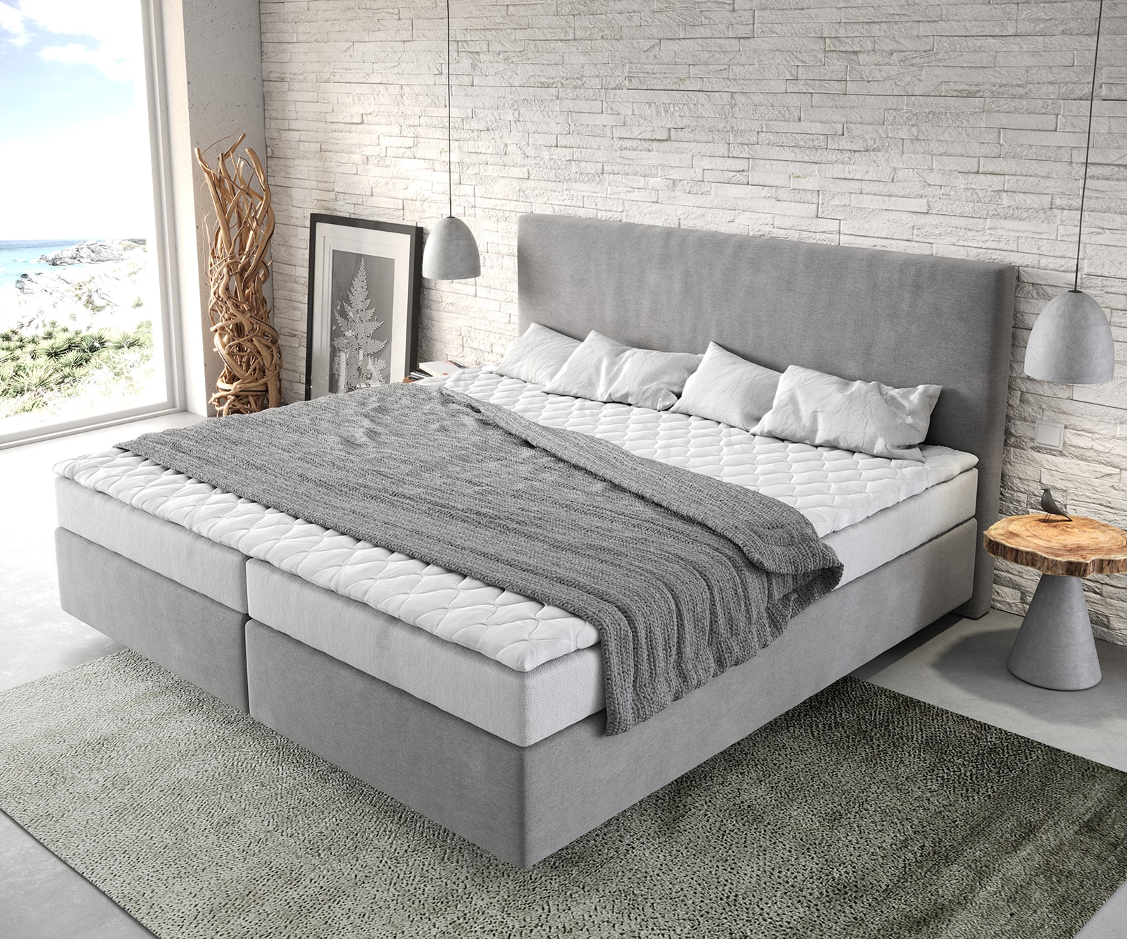Boxspringbett Dream-Well Mikrofaser Grau 200x200 cm Bonell-Matratze PU-Topper 3 Boxspringbett Dream-Well Mikrofaser Grau 200x200 cm Bonell-Matratze PU-Topper 3