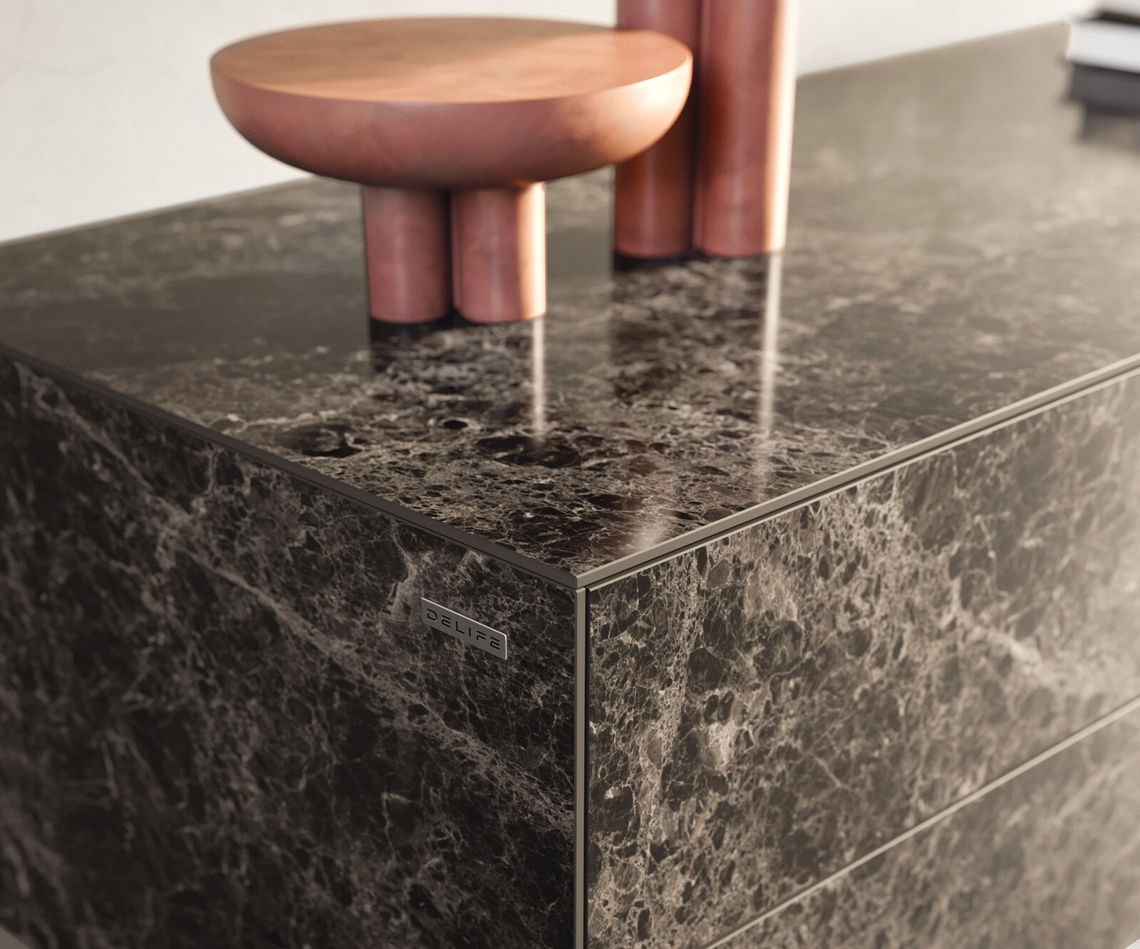 Lowboard Cuor 180 cm Keramik Laminam® Emperador Extra Lucidato Dunkelbraun 1 Klappe 2 Schubfächer Fuß Schwebeoptik Acrylglas 6