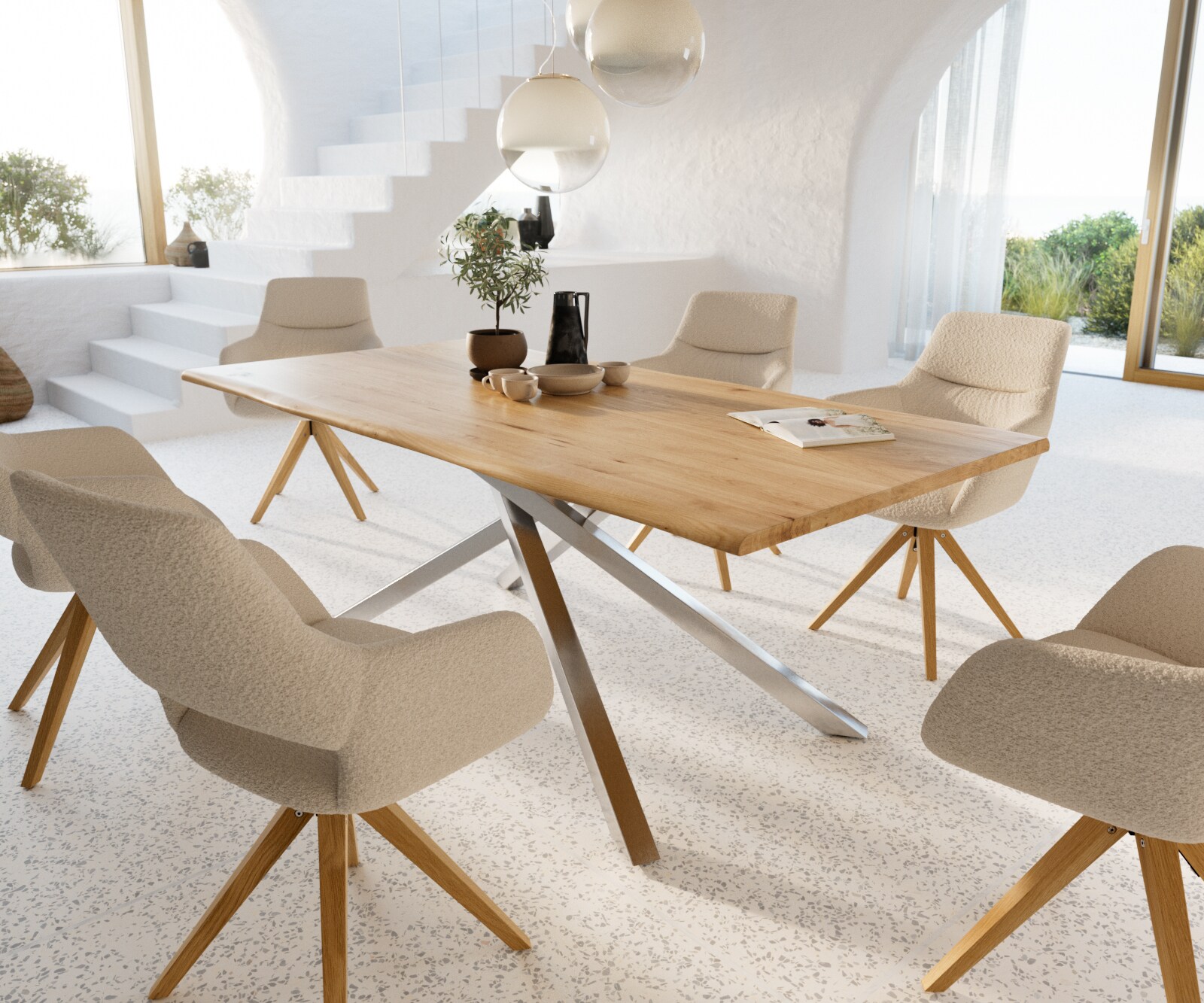 Esstisch Edge 200x100x2,5-3 Eiche Natur Kreuzgestell Rechteck Edelstahl Live-Edge 8