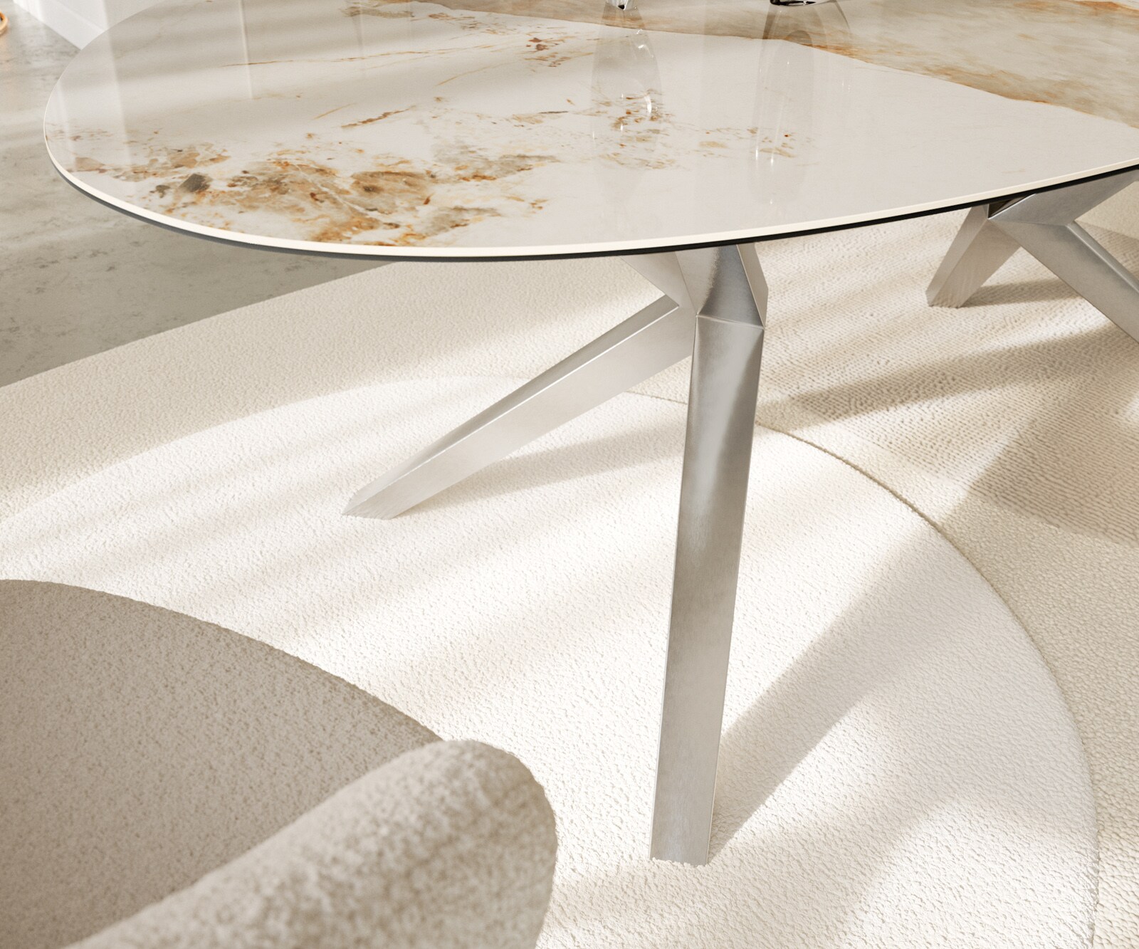 Esstisch Edge Oval 220x120 Keramik Minas Melange Weiß-Beige Zenthara kantig Edelstahl 4