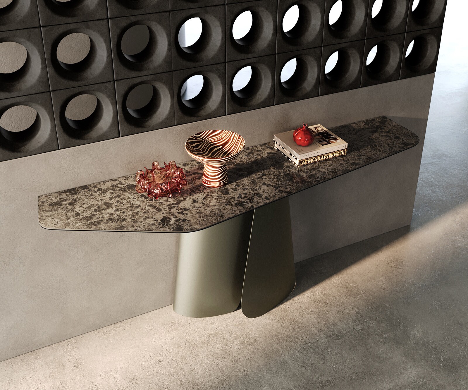 Console Edge Polygonal 180x50 cm Céramique Emperador Extra Lucidato Dunkelbraun Livos Métal Effektfinish Titan 1