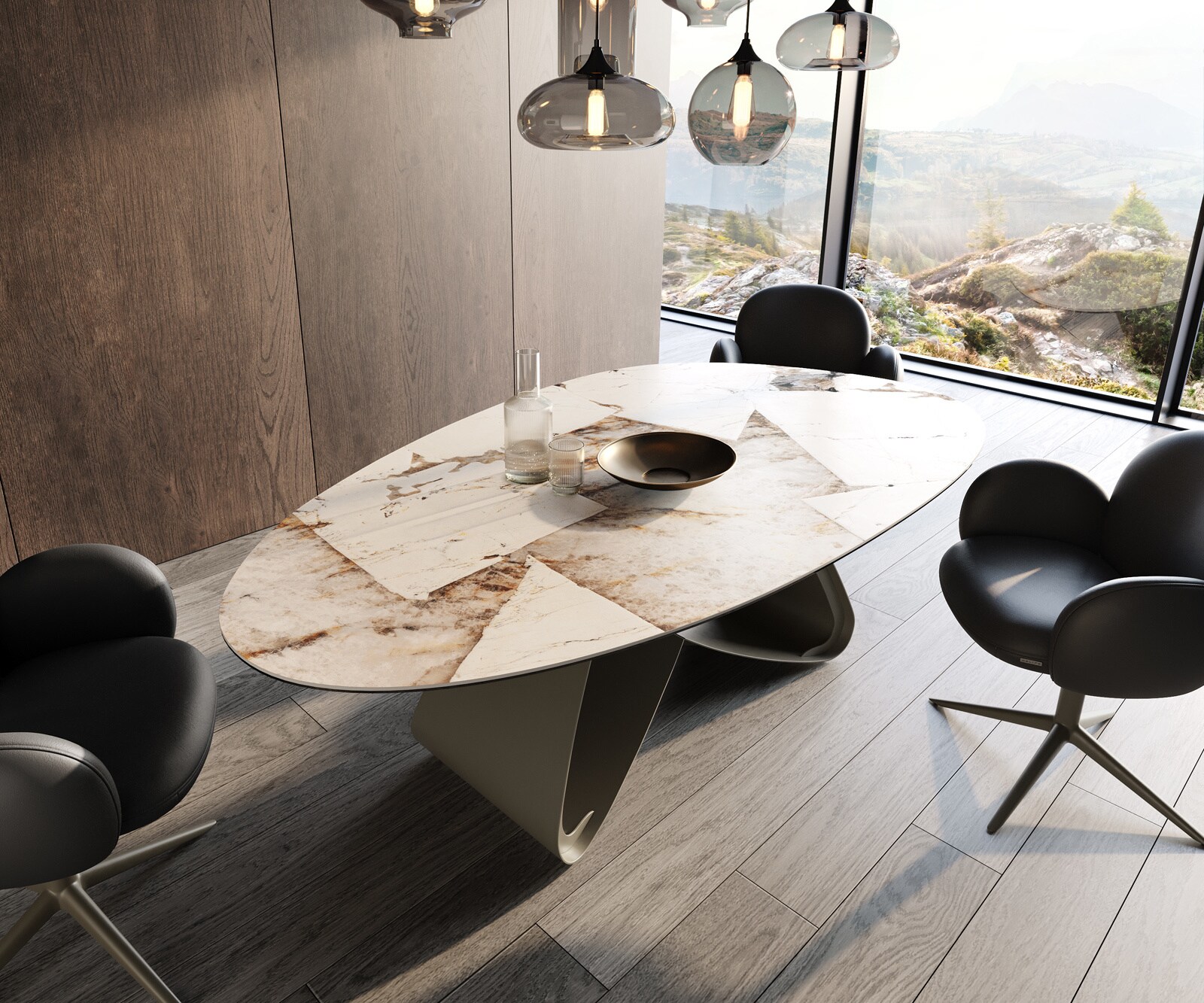 Table à manger Edge ovalee 220x120 céramique Iris FMG Patagonia Lappato cadre en W métal effet finition titanee 1