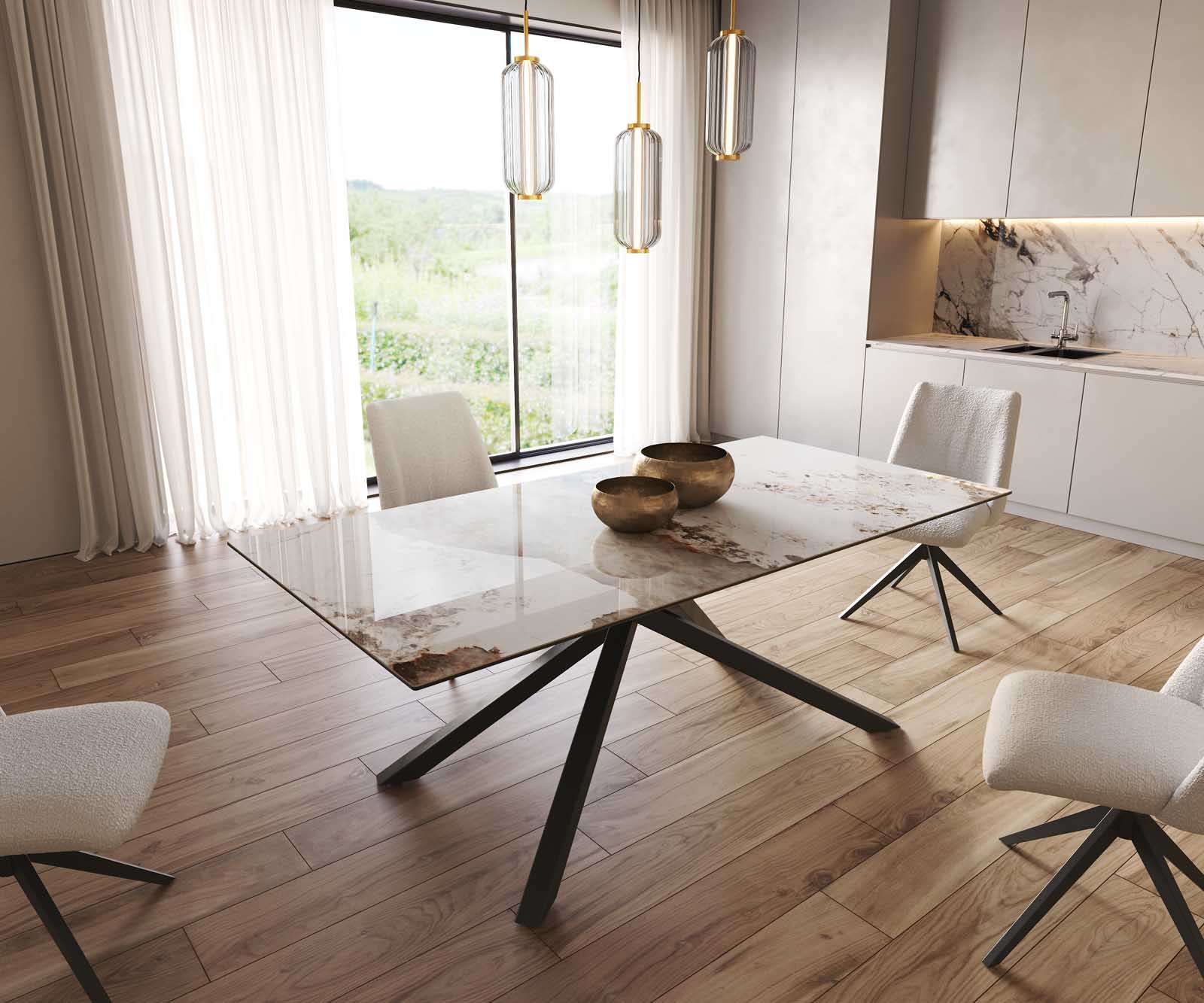 Esstisch Edge 200x100 Keramik Minas Melange Weiß-Beige Kreuzgestell Rechteck Schwarz