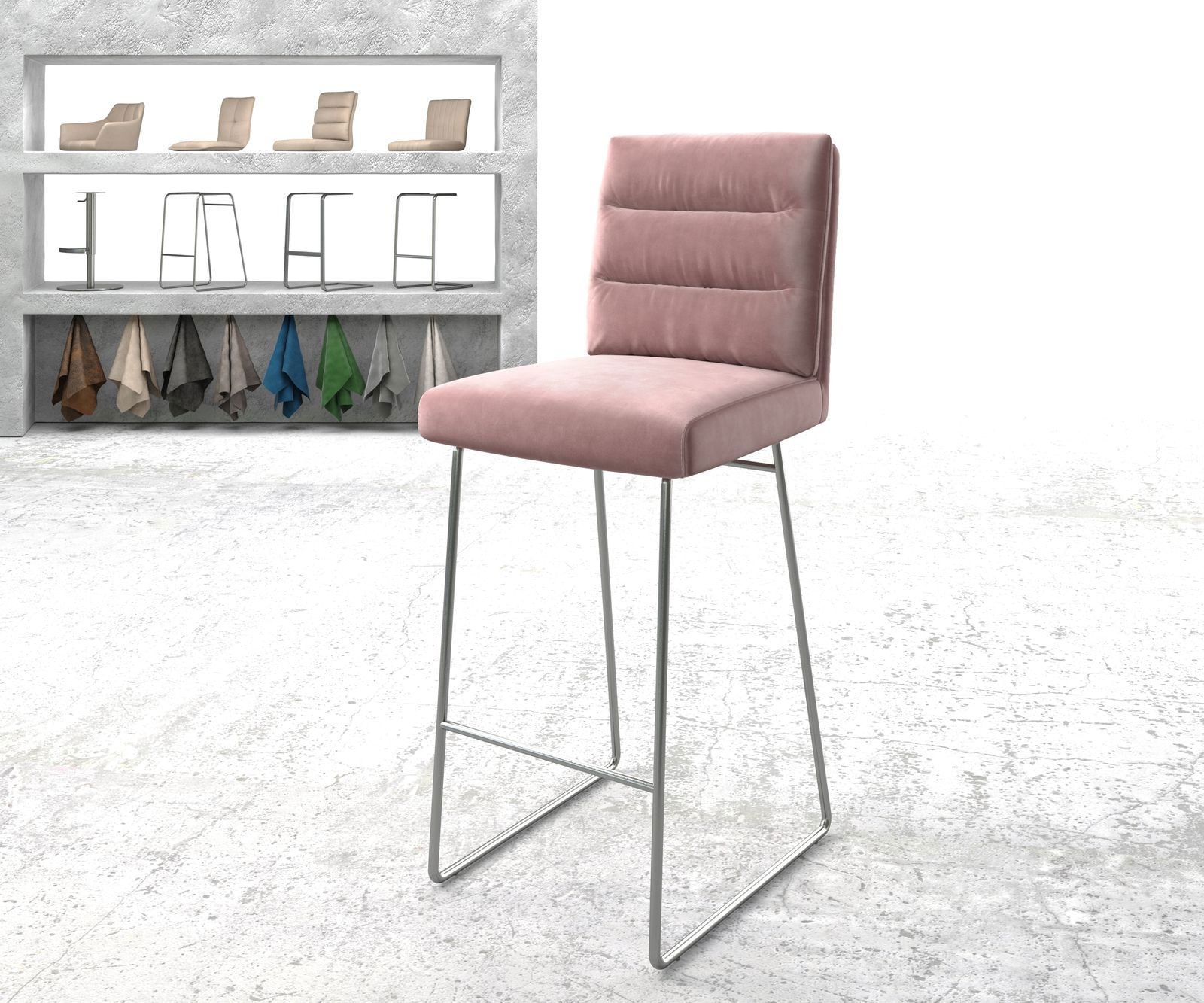 Barstuhl Pela-Flex Samt Rosé Kufengestell Edelstahl Barstuhl Pela-Flex Samt Rosé Kufengestell Edelstahl