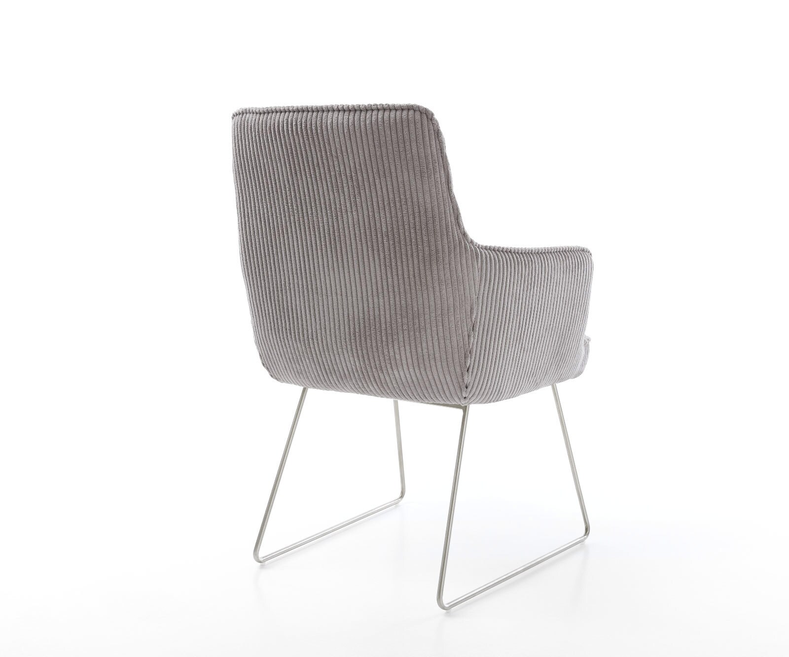 Chaise-de-salle-à-manger Heira-Flex avec accoudoirs côtelé gris argenté pied trapèze acier inoxydable brossé ressorts ensachés 5