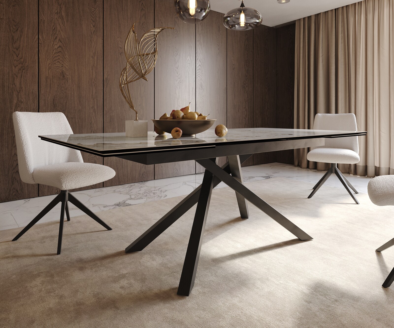 Table à manger Edge 200-300x100 céramique Minas mélange blanc-beige cadre croisé rectangulaire noir extensible 6