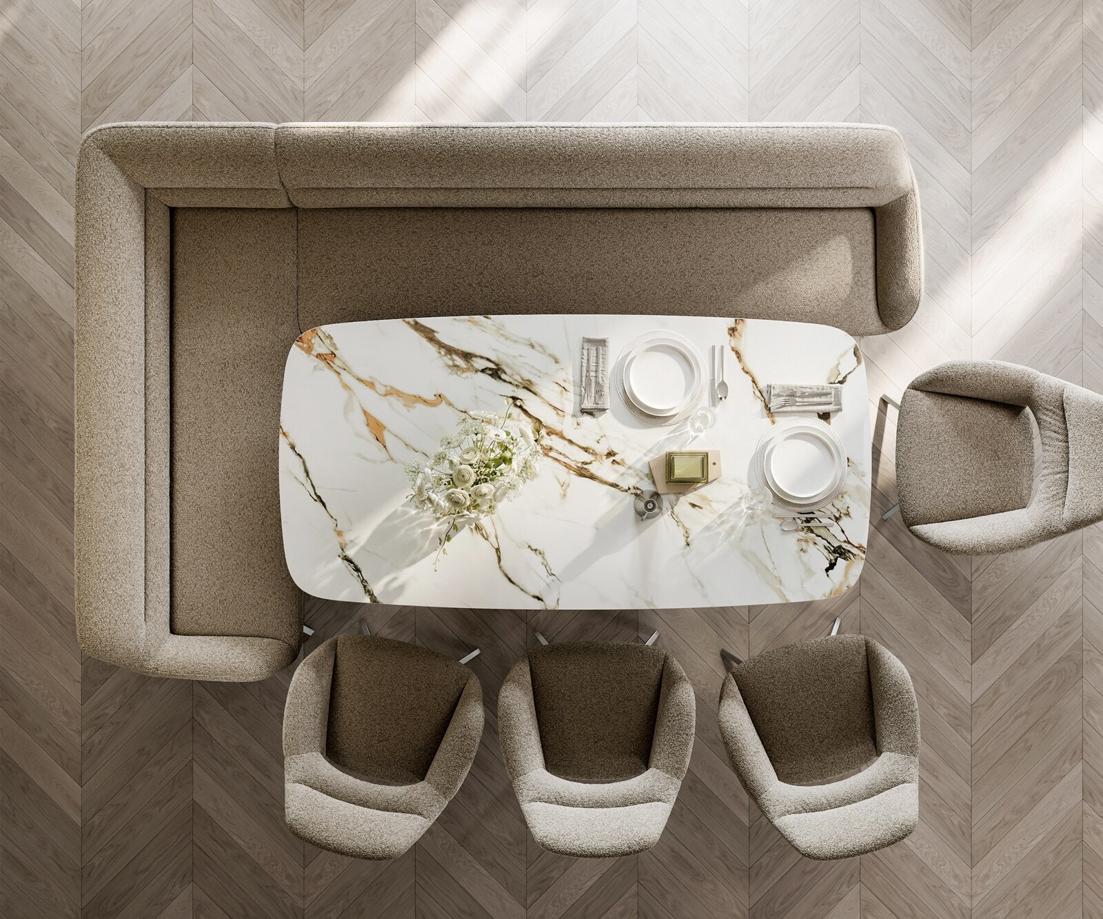 Esszimmerbank Taya-Flex 285x190 cm Bouclé Schlamm Kreuzgestell kantig Edelstahl Taschenfederkern Rechts 5