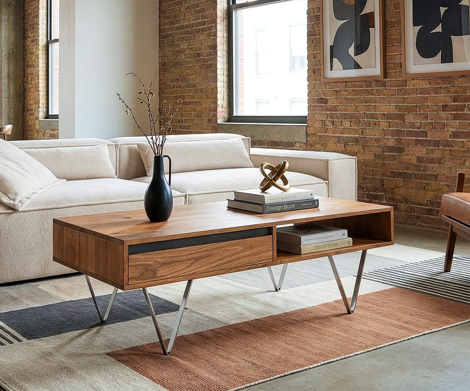 Table-basse Stonegrace 115x60x35 cm acacia naturel ardoise 2 tiroirs 1 compartiment