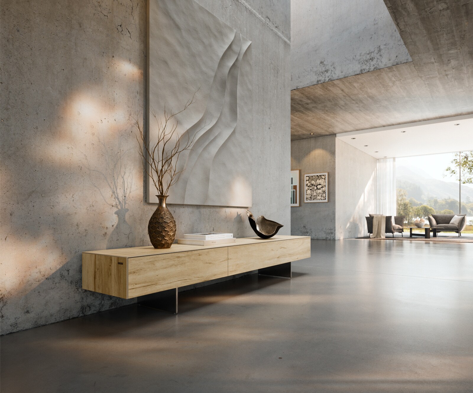 Lowboard Cuor 200 cm Keramik Laminam® Sabbia Eichefarbig 1 Klappe 1 Schubfach Fuß Schwebeoptik Edelstahl