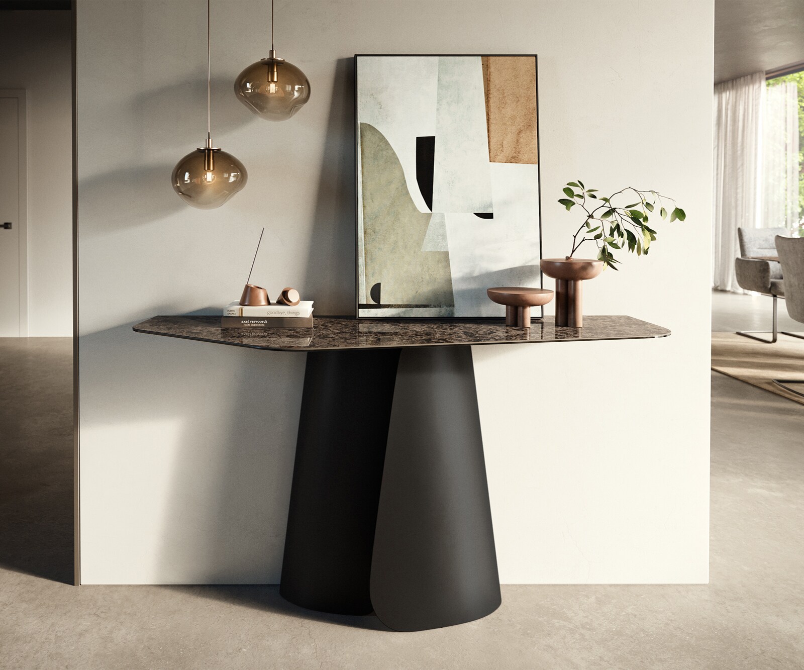 Console Edge Polygonal 140x50 cm Céramique Emperador Extra Lucidato Dunkelbraun Livos Métal Noir 1