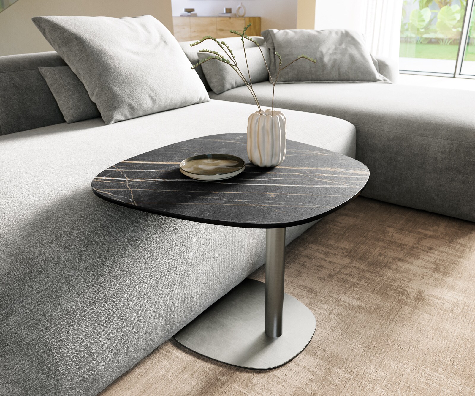 Table basse Edge Boot 90x90 cm céramique Laminam® Noir Desir brun Parabi acier inoxydable brossé 1