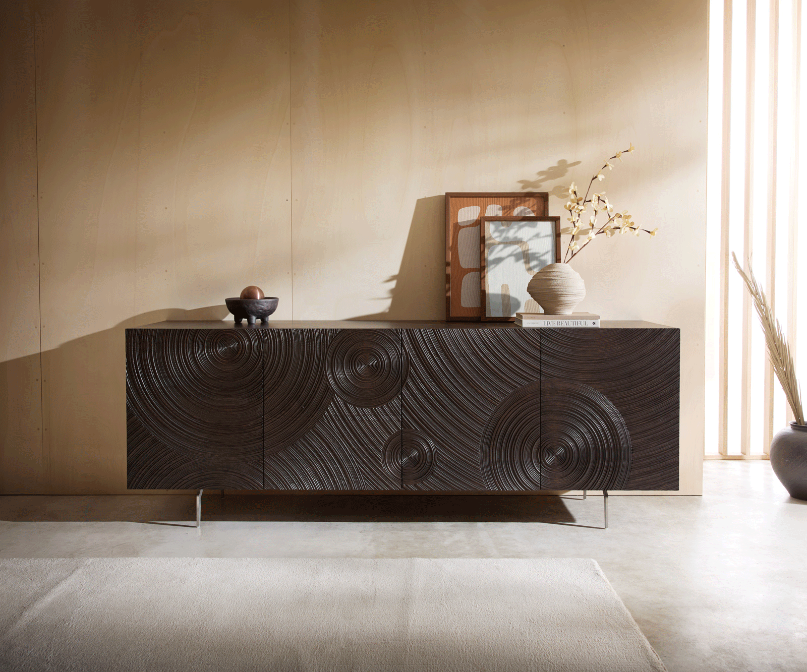 Buffet Ashara 200 cm, frêne brun foncé, effet 3D, 4 portes, pieds en angle, acier inoxydable brossé 4