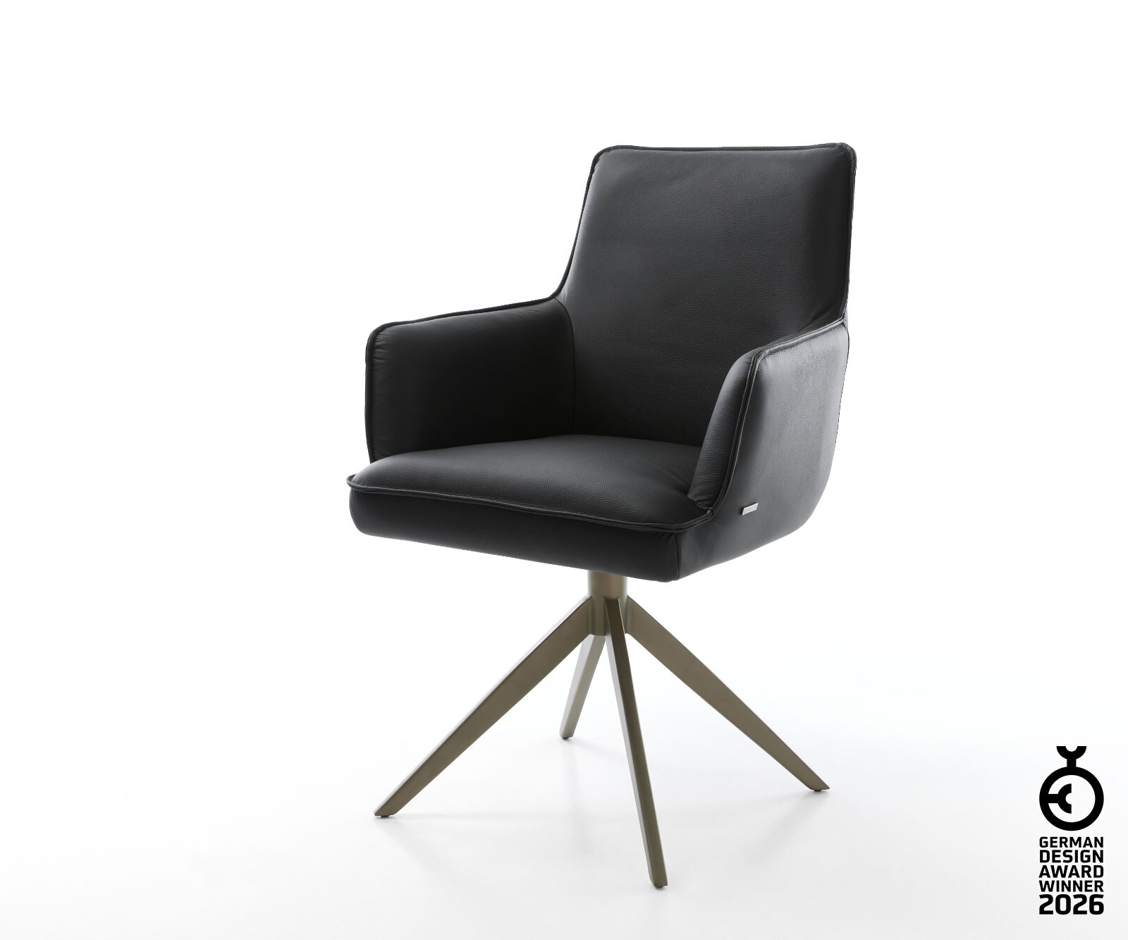 Chaise-pivotante Heira-Flex avec accoudoirs cuir de vache noir pied croisé large aspect titane pivotement sur 360° ressorts ensachés 1